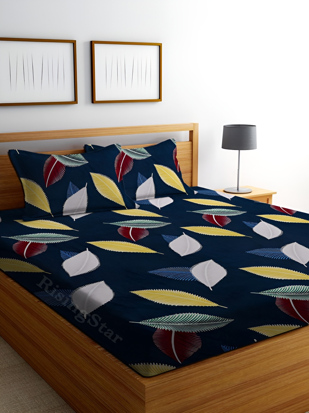 

RISING STAR Navy Blue & White Floral King Bedsheet with 2 Pillow Covers