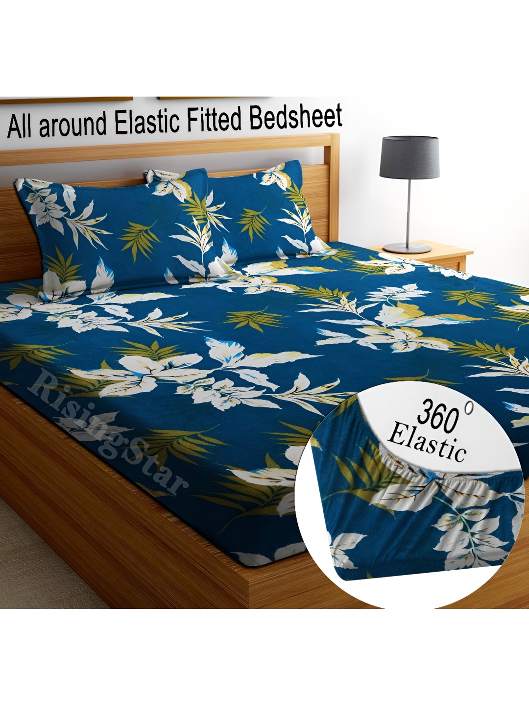 

RISING STAR Blue Floral Microfiber 250 TC Fitted King Bedsheet With 2 Pillow Covers