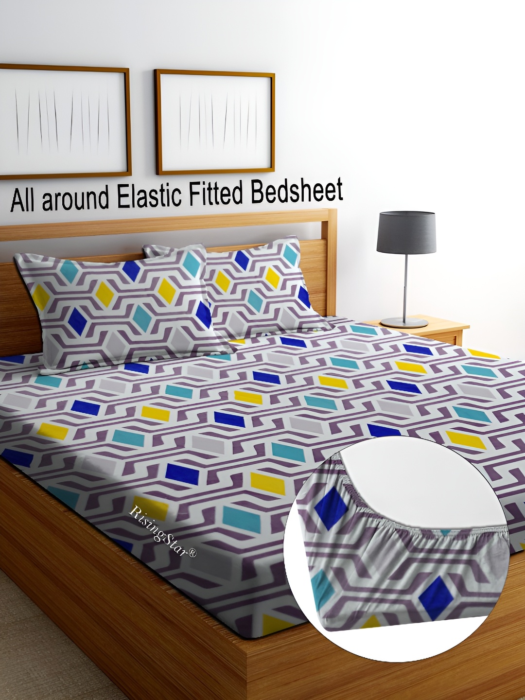 

RISING STAR Grey & Blue Geometric 350 TC Fitted King Bedsheet with 2 Pillow Covers