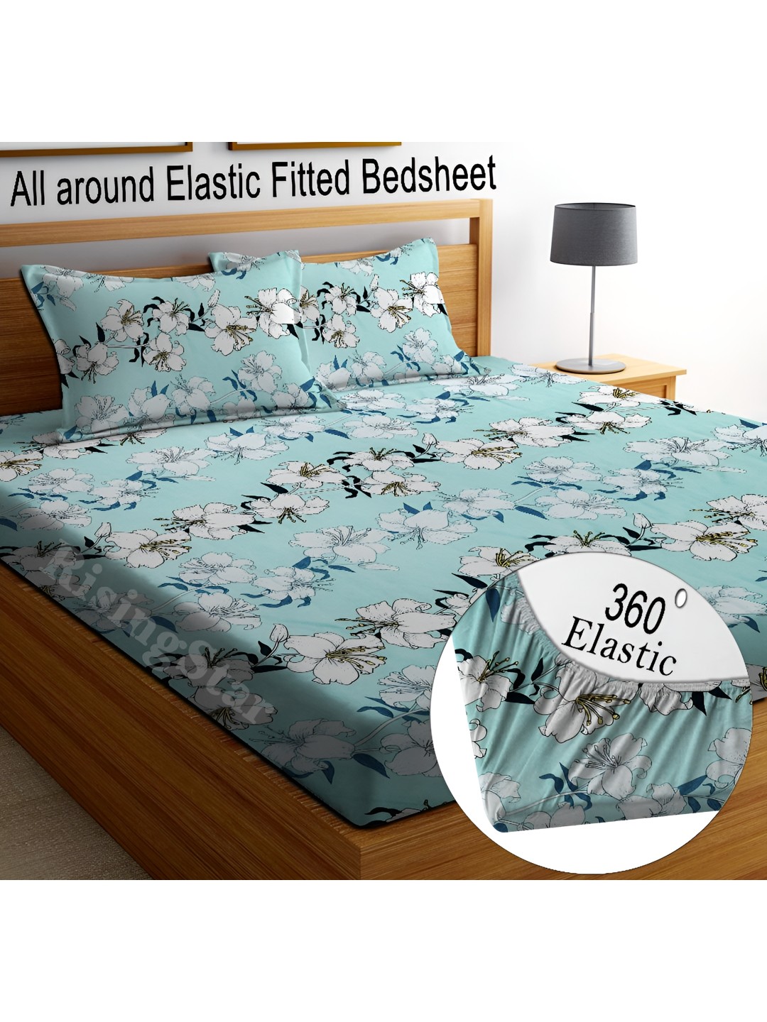 

RISING STAR Blue & White Floral 250 TC Fitted King Bedsheet with 2 Pillow Covers