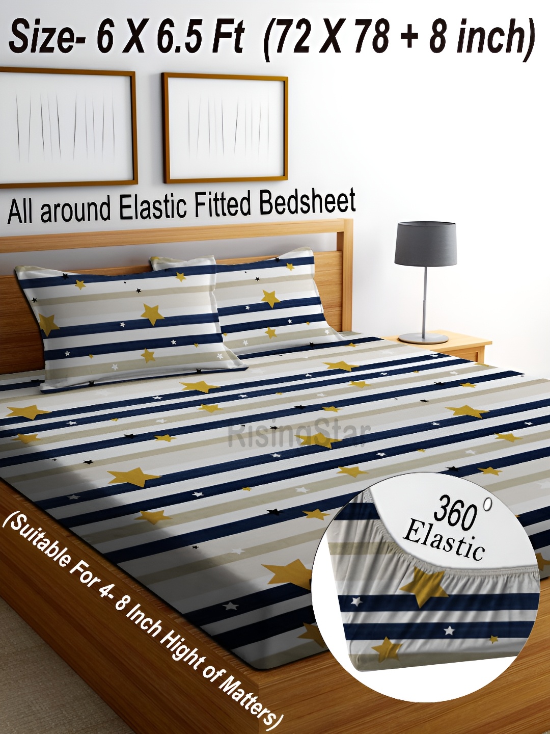 

RISING STAR Grey & Blue Geometric Cotton 350 TC Fitted King Bedsheet With 2 Pillow Covers