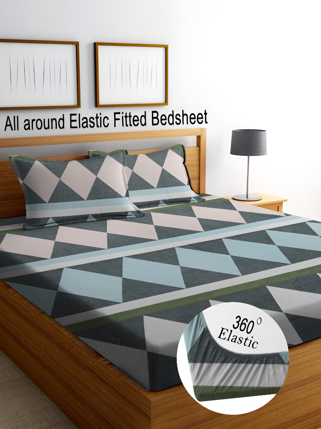 

RISING STAR Blue & Grey Geometric 350 TC King Fitted Bedsheet with 2 Pillow Covers