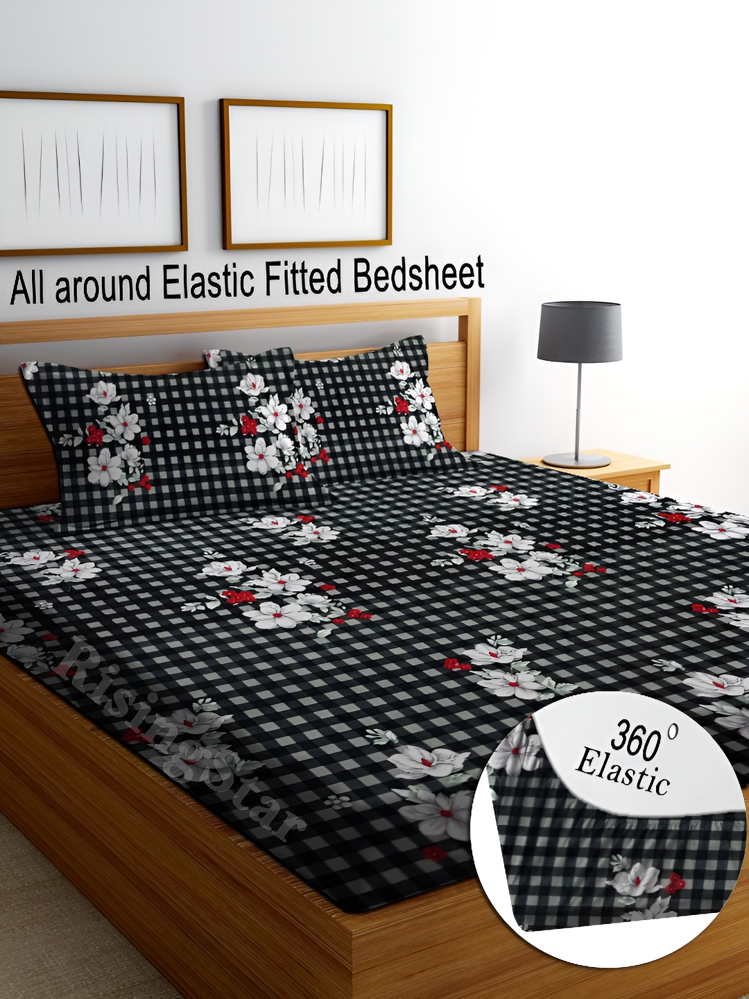 

RISING STAR Black & White Floral 250 TC Fitted King Bedsheet with 2 Pillow Covers