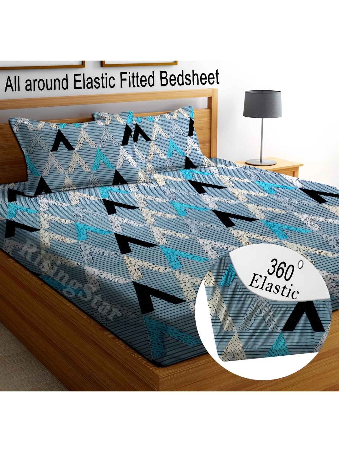 

RISING STAR Blue Geometric Microfiber 350 TC Fitted King Bedsheet With 2 Pillow Covers