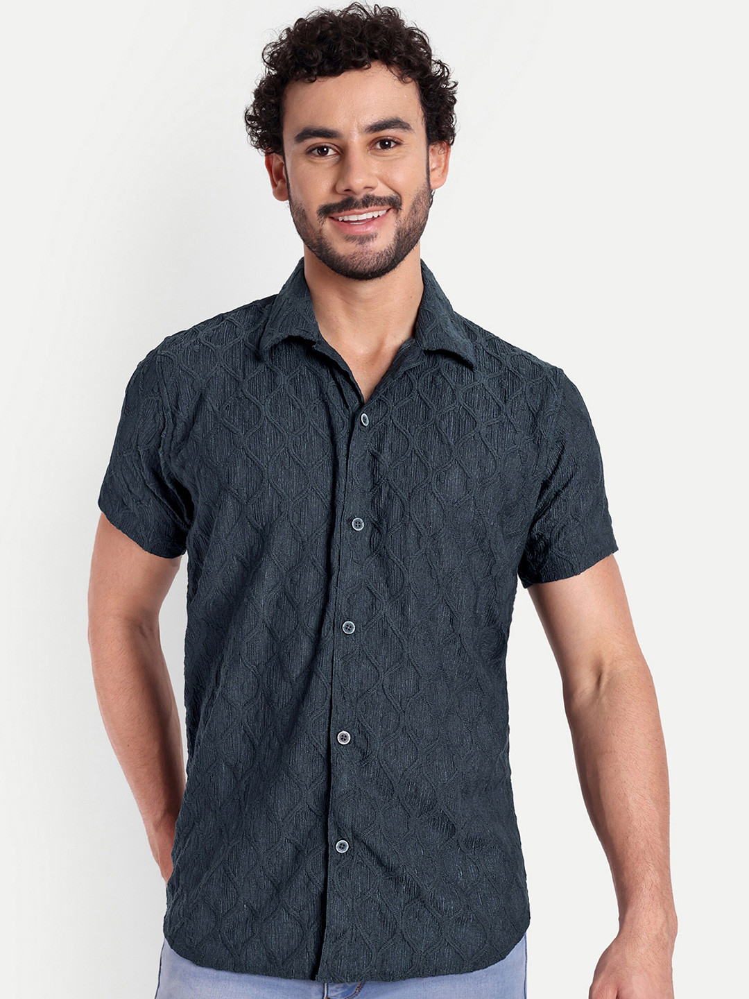 

FILO HEVIS Geometric Self Design Spread Collar Classic Regular Fit Cotton Casual Shirt, Grey