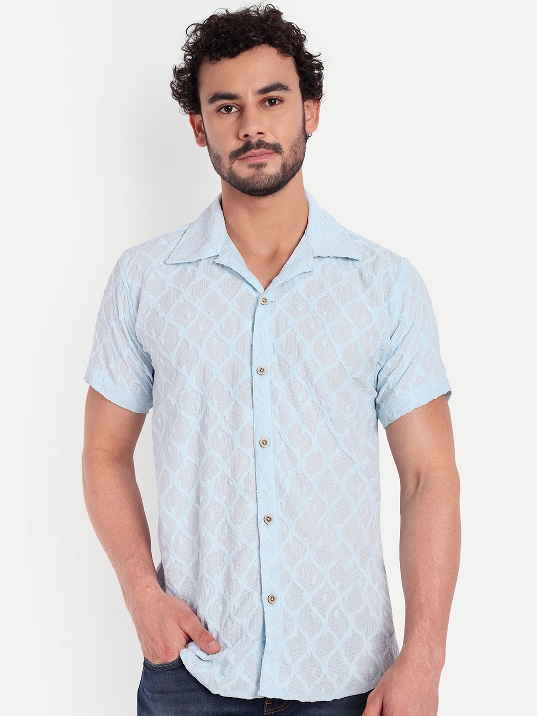 

FILO HEVIS Geometric Self Design Spread Collar Classic Regular Fit Cotton Casual Shirt, Turquoise blue