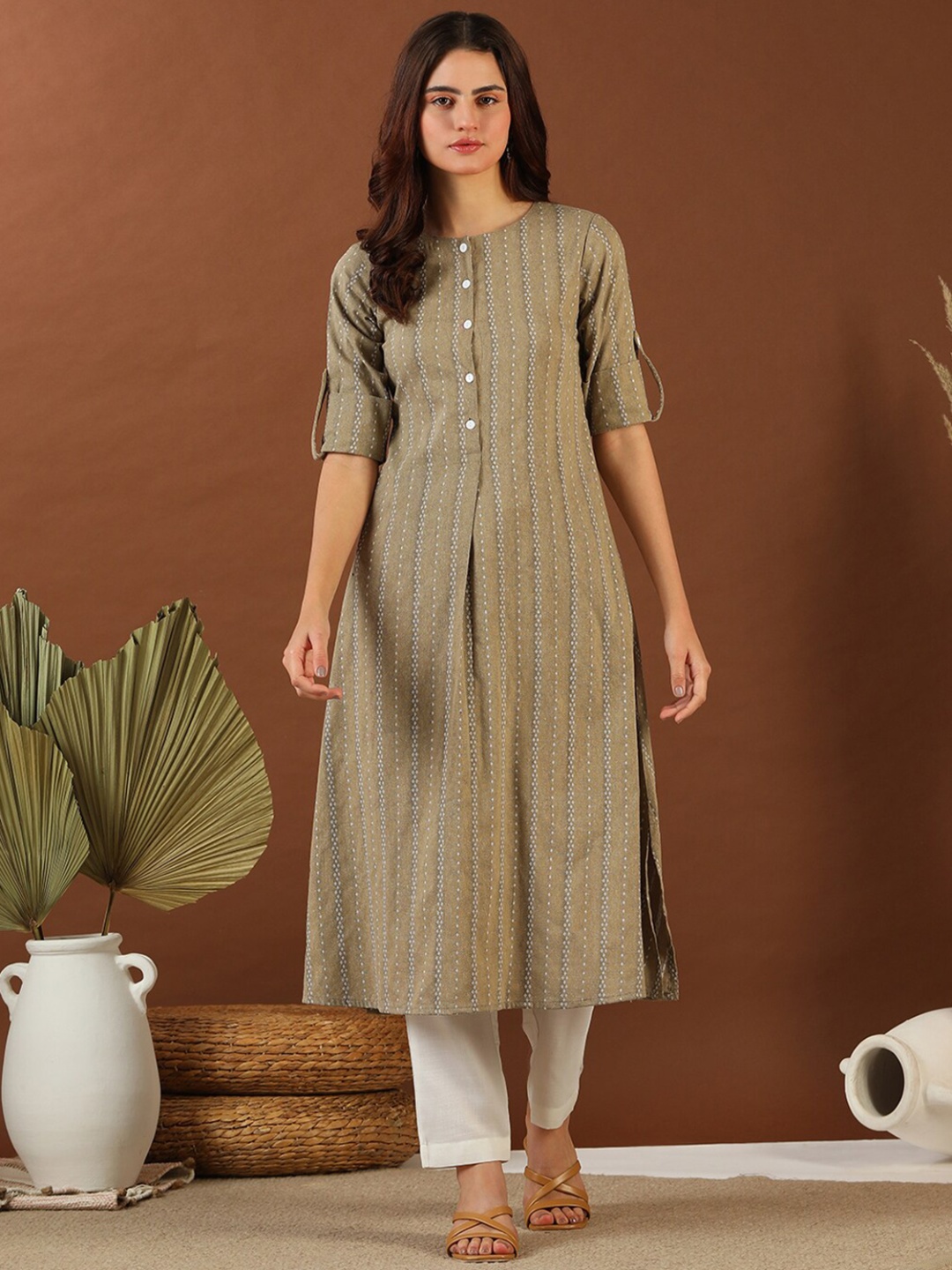 

MASSTANI BY INDDUS Ethnic Woven Design Roll Up Sleeves Pleated Cotton A-Line Kurta, Beige