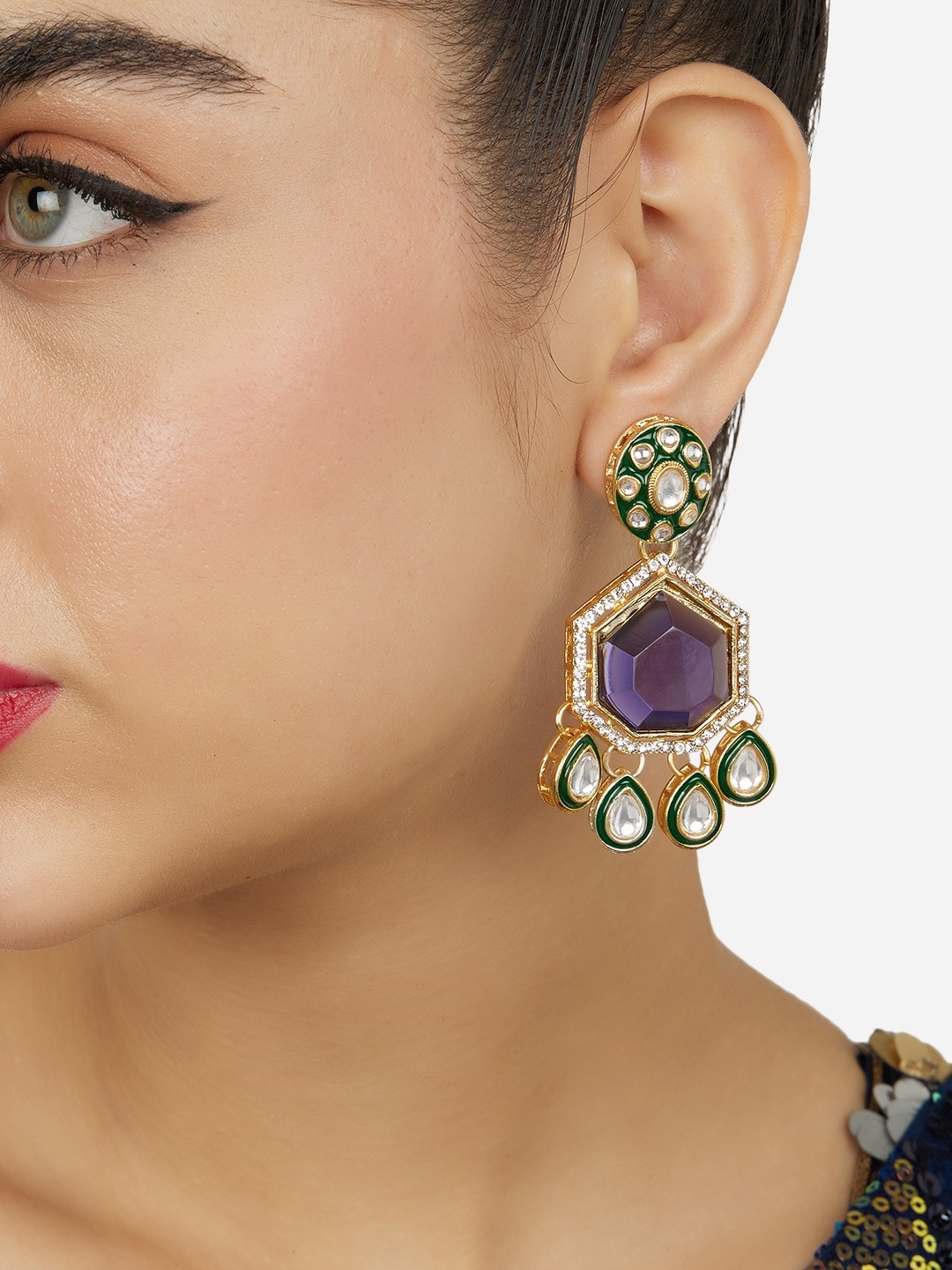 

Zaveri Pearls Gold-Plated Austrian Diamonds Studded Drop Earrings