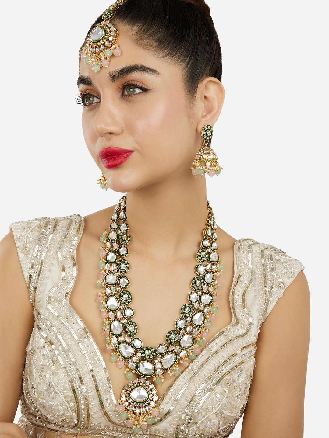 

Zaveri Pearls Gold-Plated Stones Studded & Beaded Meenakari Jewellery Set
