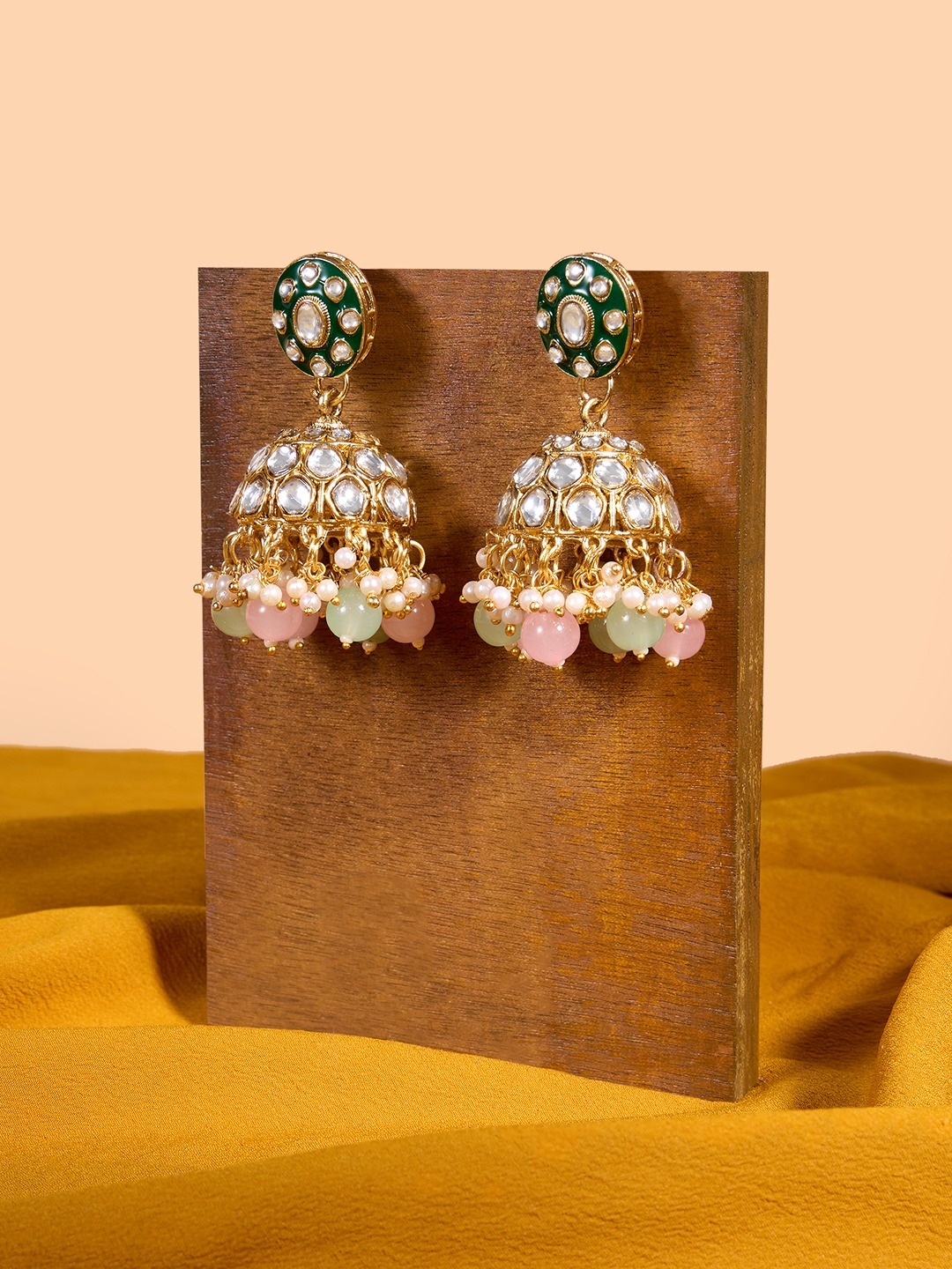 

Zaveri Pearls Gold-Plated Stone Studded & Beaded Meenakari Jhumkas