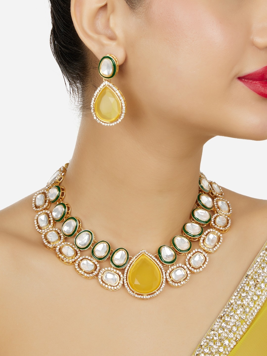 

Zaveri Pearls Gold-Plated Austrian Diamonds Studded Meenakari Jewellery Set