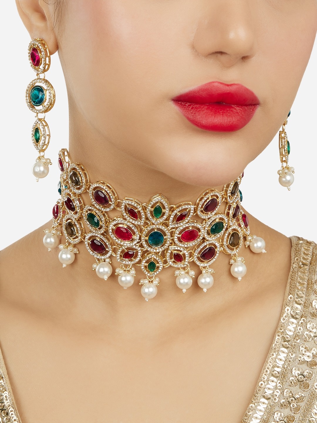 

Zaveri Pearls Gold-Plated Austrian Diamonds Studded Jewellery Set