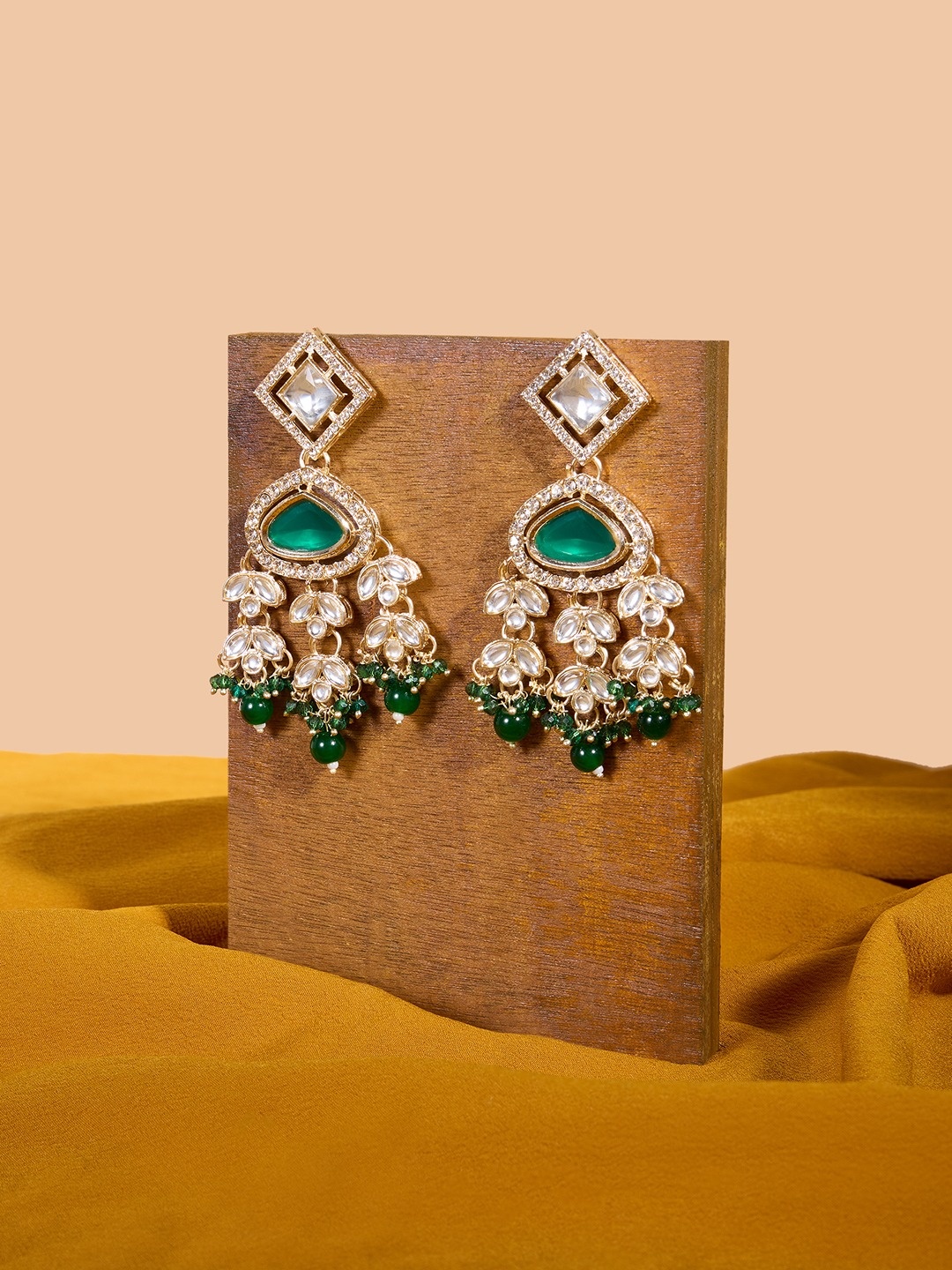 

Zaveri Pearls Gold-Plated Austrian Diamonds Studded & Beaded Drop Earrings