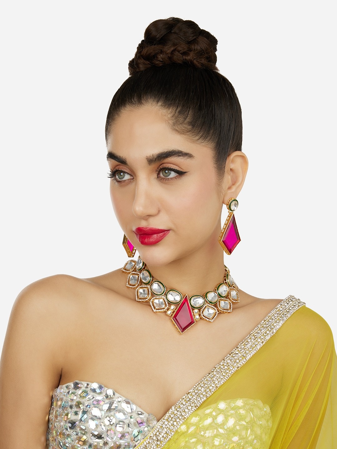 

Zaveri Pearls Gold-Plated Austrian Diamonds Studded Meenakari Jewellery Set