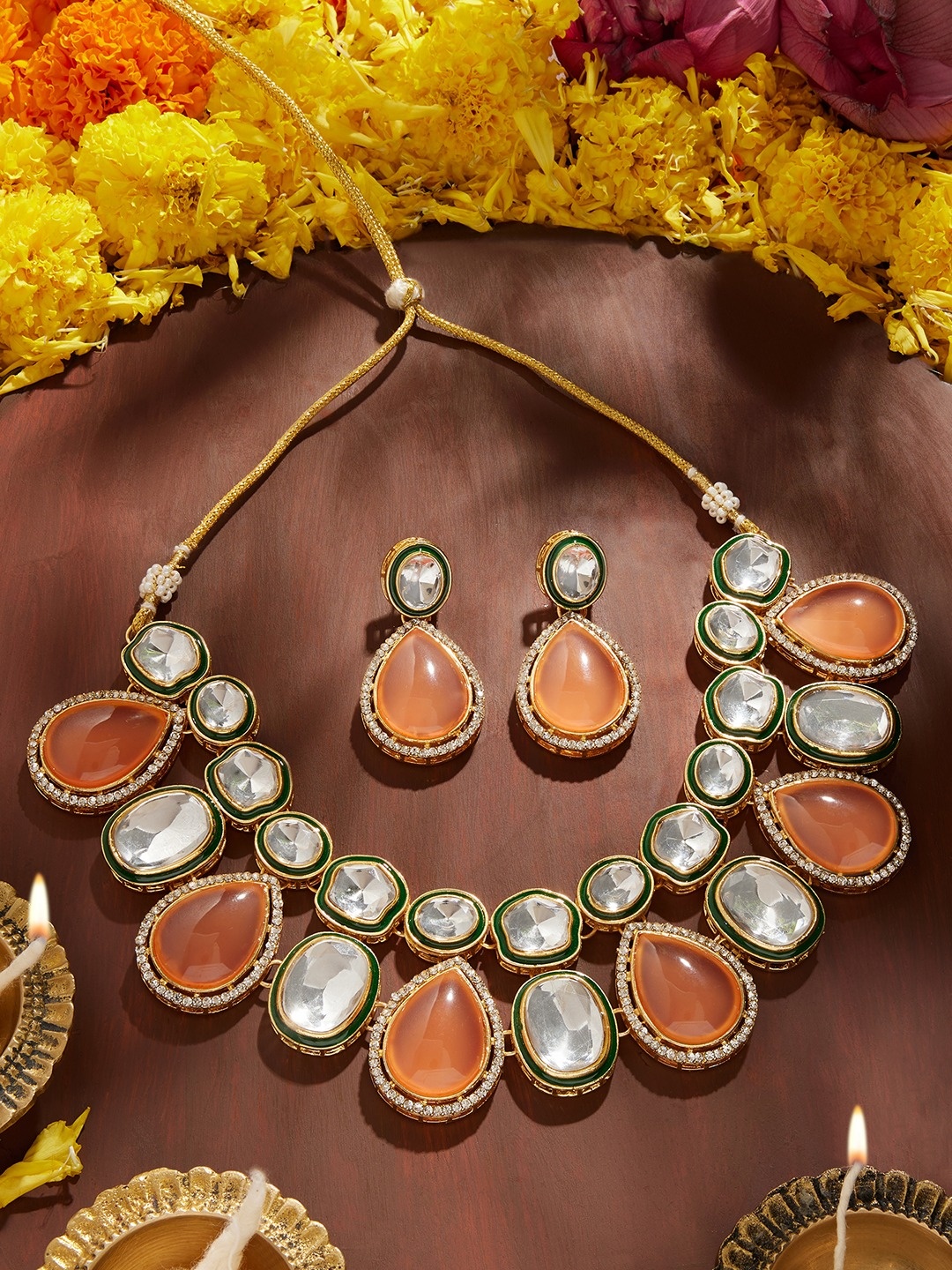 

Zaveri Pearls Gold-Plated Austrian Diamonds Studded Meenakari Jewellery Set