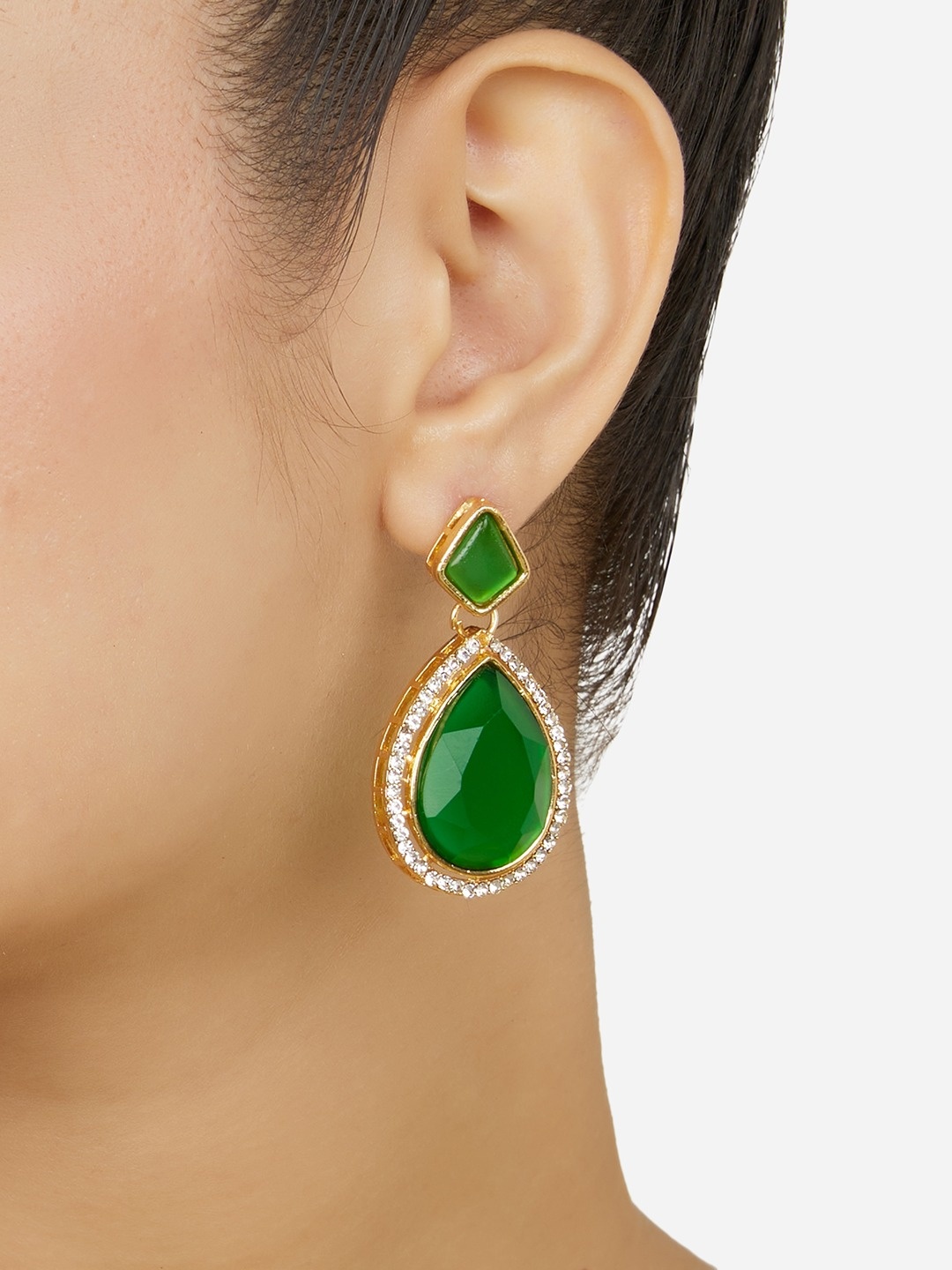

Zaveri Pearls Gold-Plated Teardrop Shaped Austrian Diamonds Studded Drop Earrings