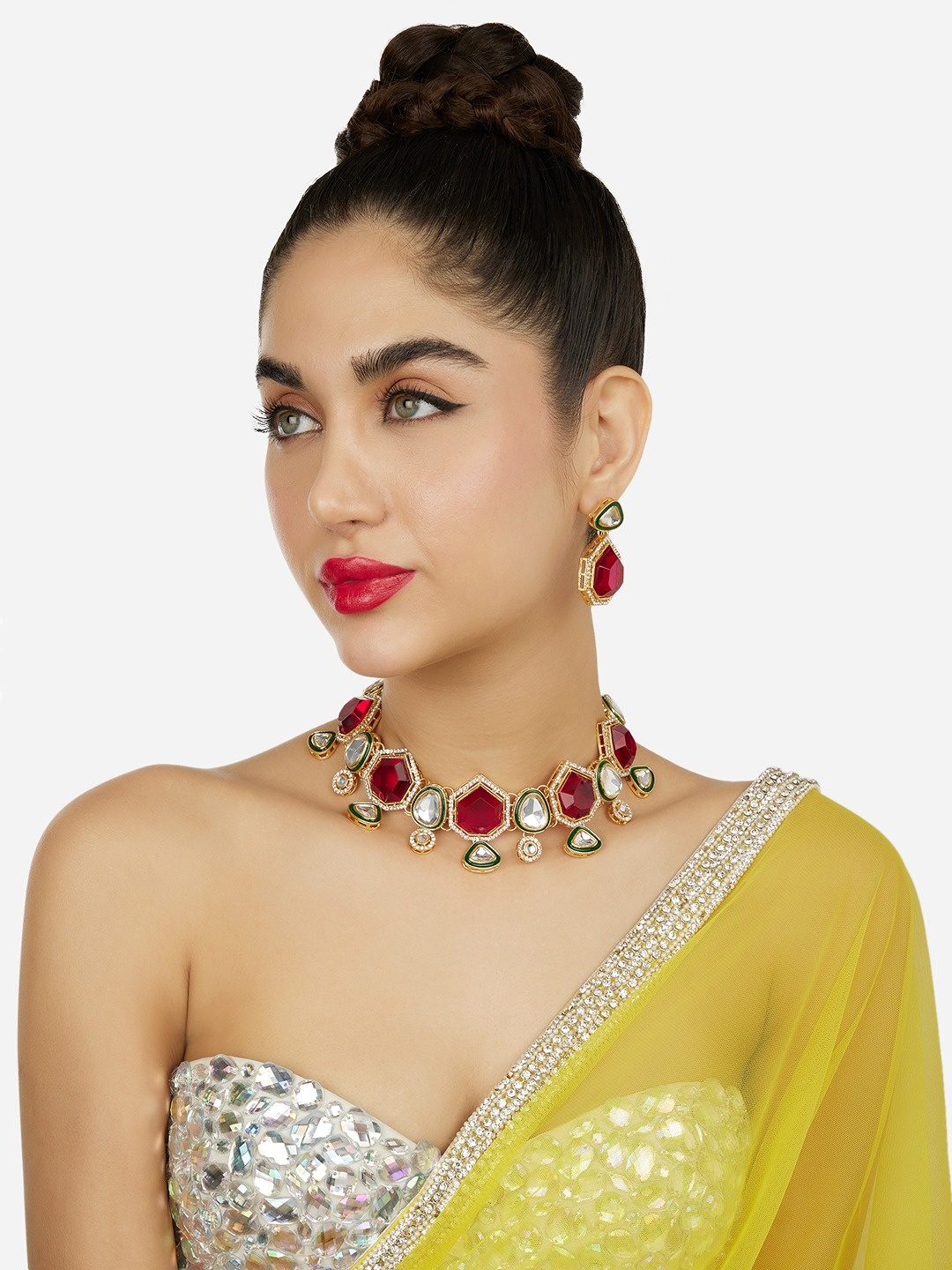 

Zaveri Pearls Gold-Plated Austrian Diamonds Studded Meenakari Jewellery Set