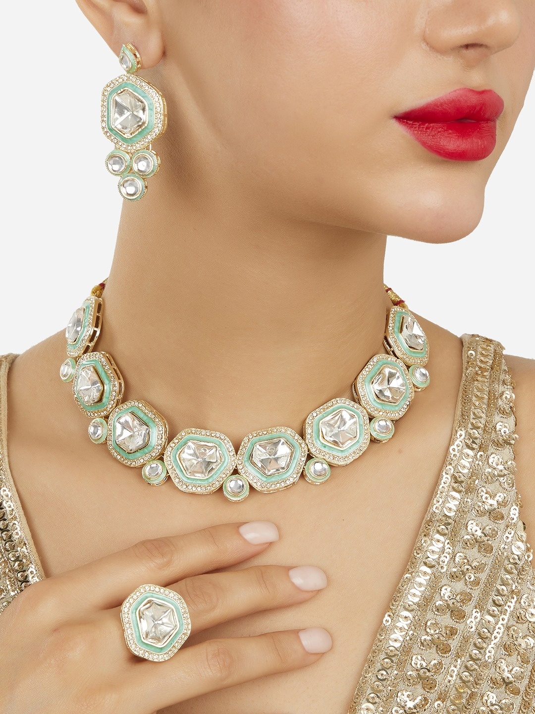 

Zaveri Pearls Gold-Plated Artificial Stones Studded Meenakari Jewellery Set