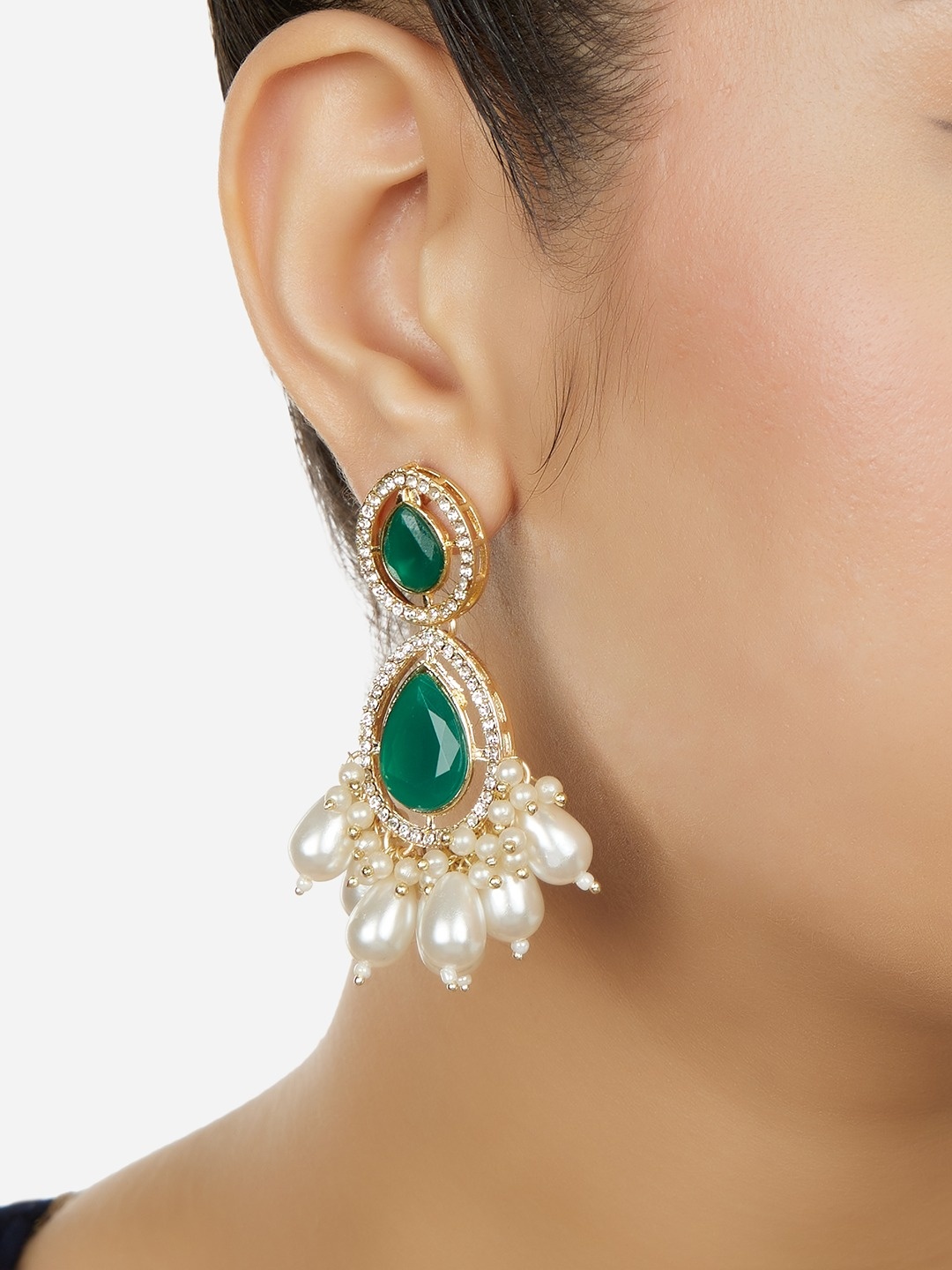 

Zaveri Pearls Gold-Plated Austrian Diamonds Studded & Beaded Drop Earrings
