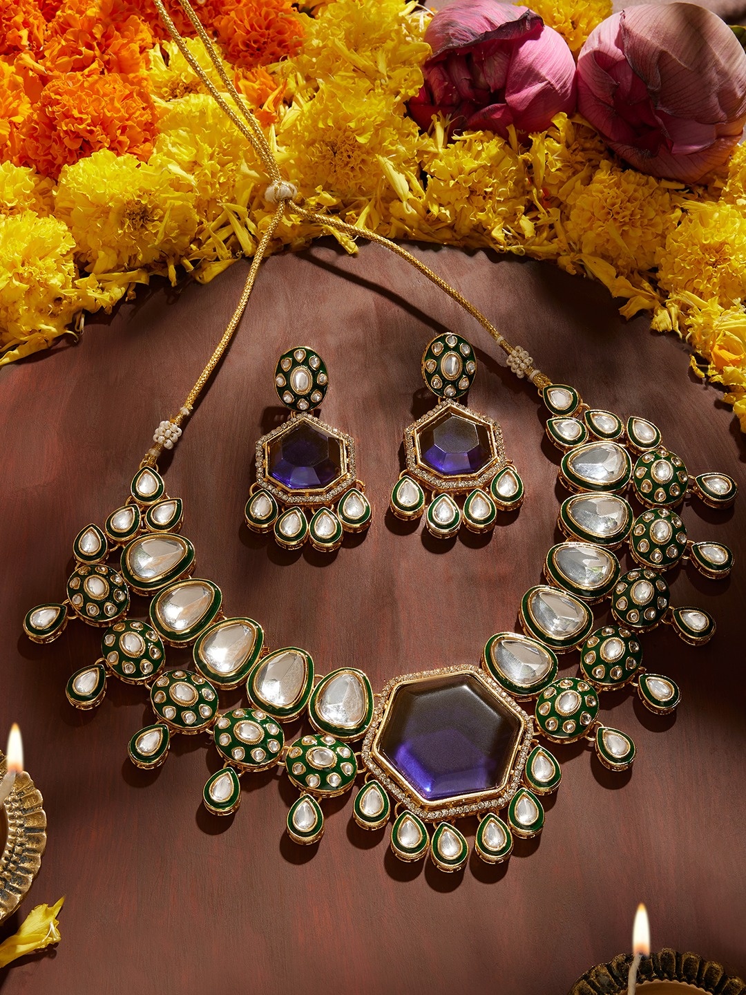 

Zaveri Pearls Gold-Plated Artificial Stones Studded Meenakari Jewellery Set