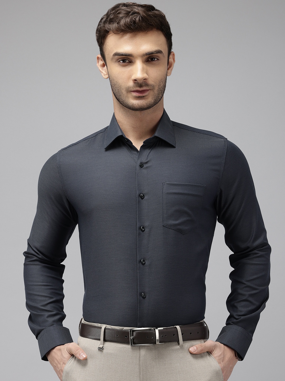 

Van Heusen Pure Cotton Self Design Textured Slim Fit Opaque Formal Shirt, Grey