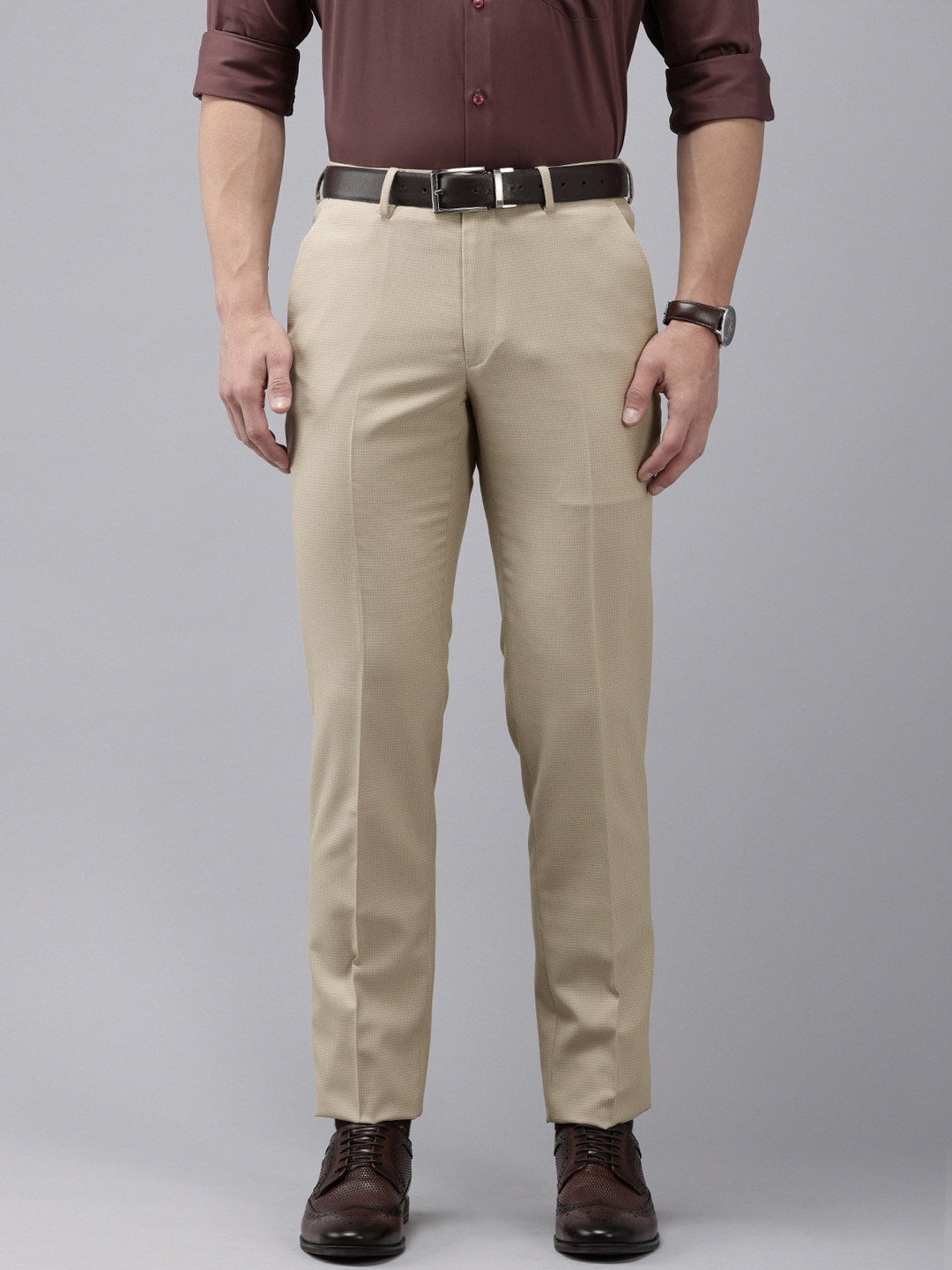 

Van Heusen Men Checked Slim Fit Formal Trousers, Beige