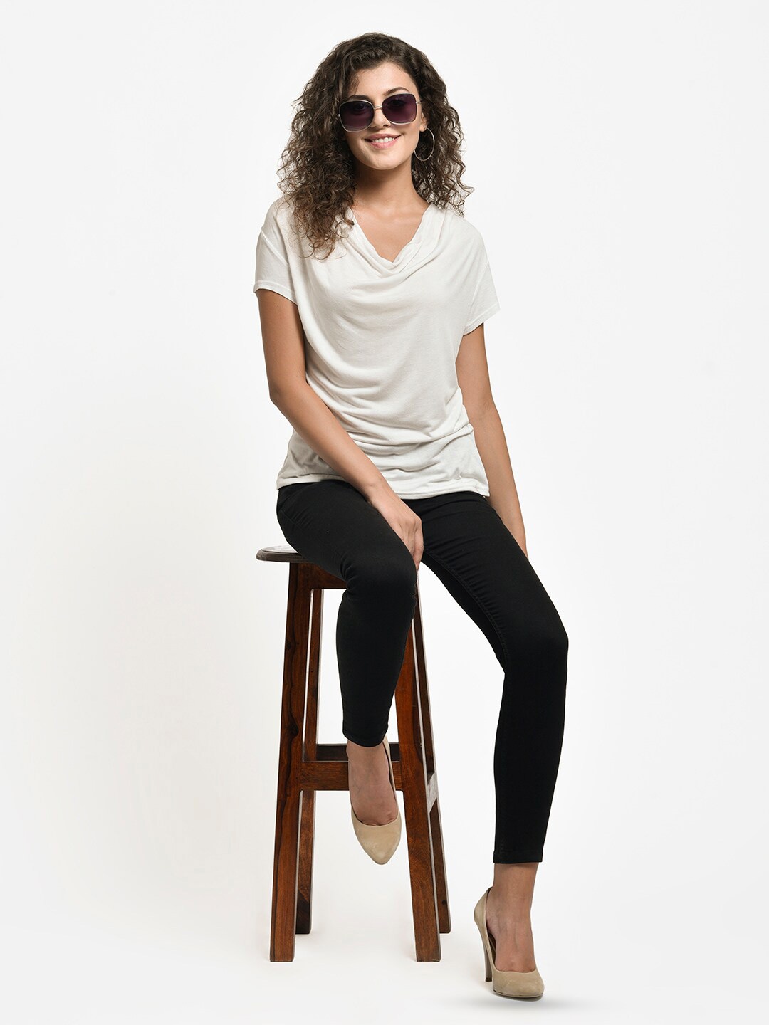 

urSense Cowl Neck Short Sleeves Cotton T-shirt, White