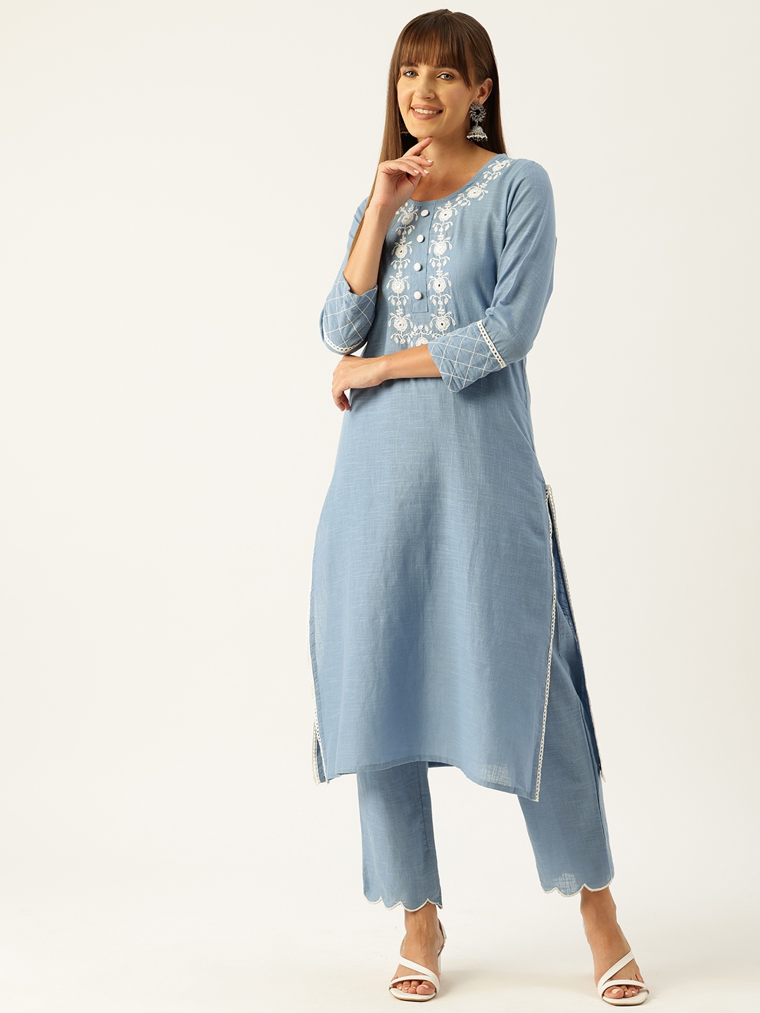 

MISRI Floral Embroidered Mirror Work Pure Cotton Kurta with Trousers, Blue