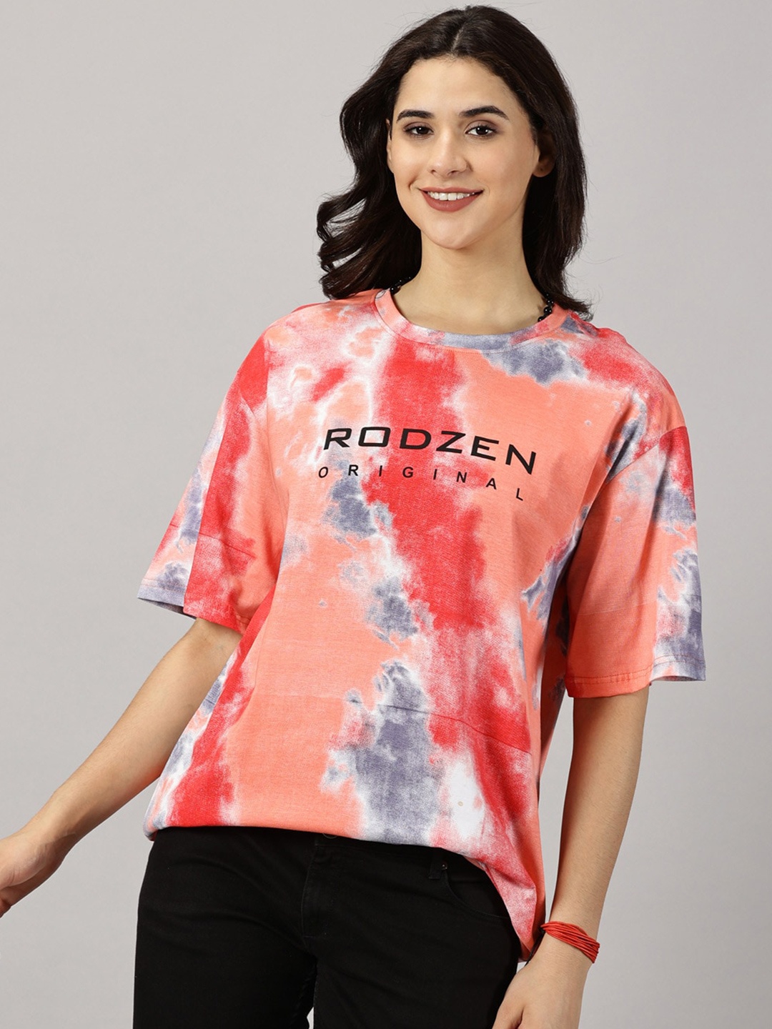 

Rodzen Printed Pure Cotton Drop-Shoulder Sleeves Oversized T-shirt, Orange