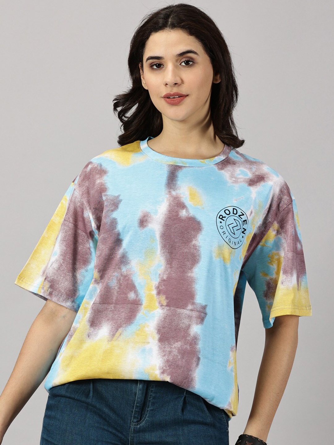 

Rodzen Dyed Pure Cotton Drop-Shoulder Sleeves Oversized T-shirt, Blue