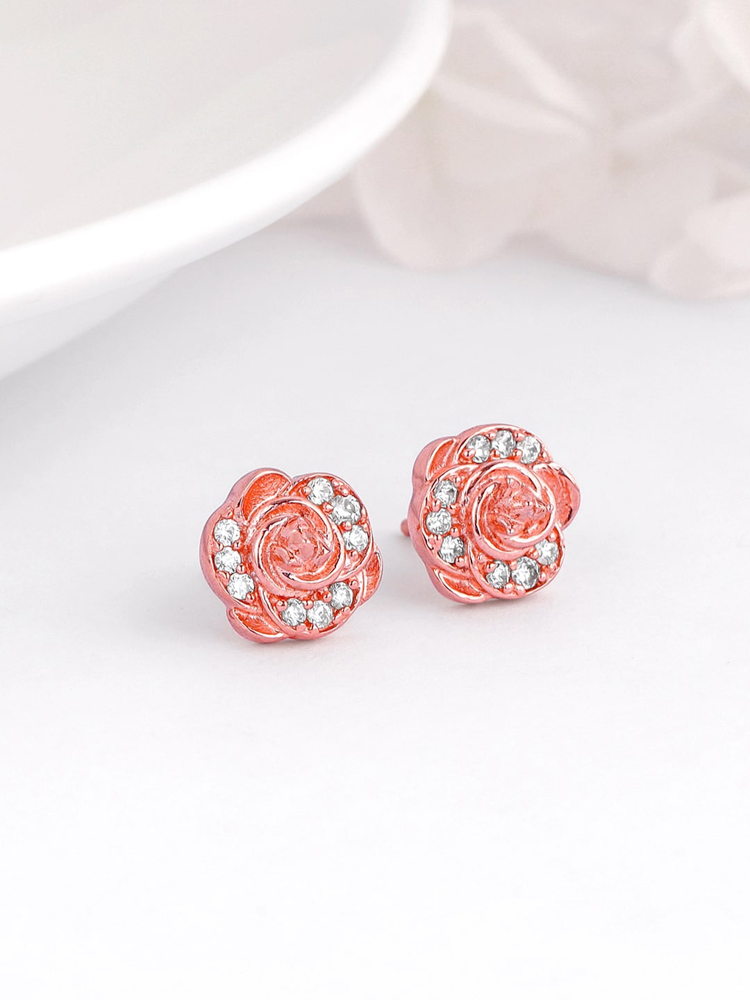 

GIVA 925 Silver Rose Gold-Plated Zircon Studded Floral Studs Earrings
