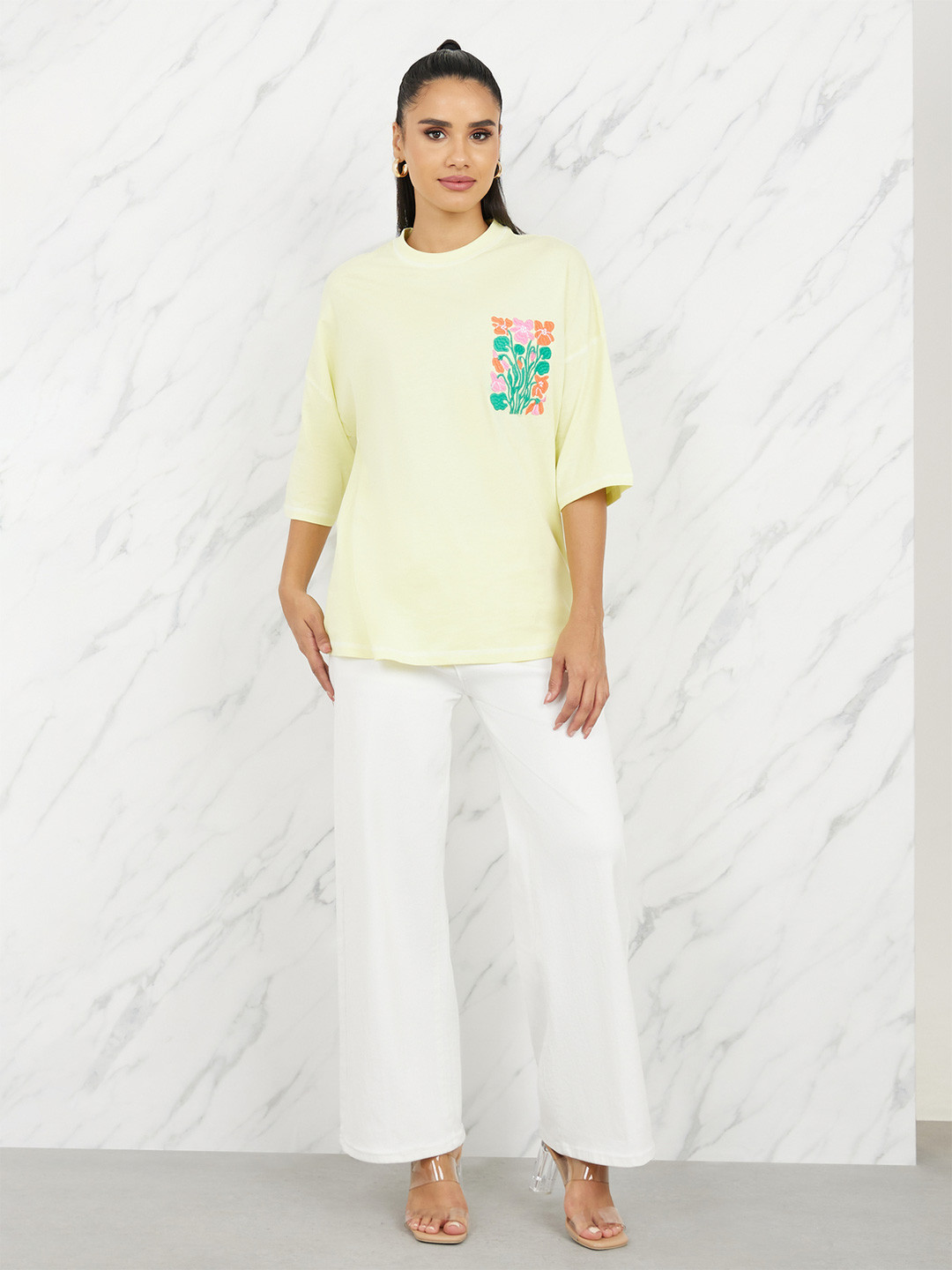 

Styli Women Drop-Shoulder Graphic Embroidered Oversized T-Shirt, Green