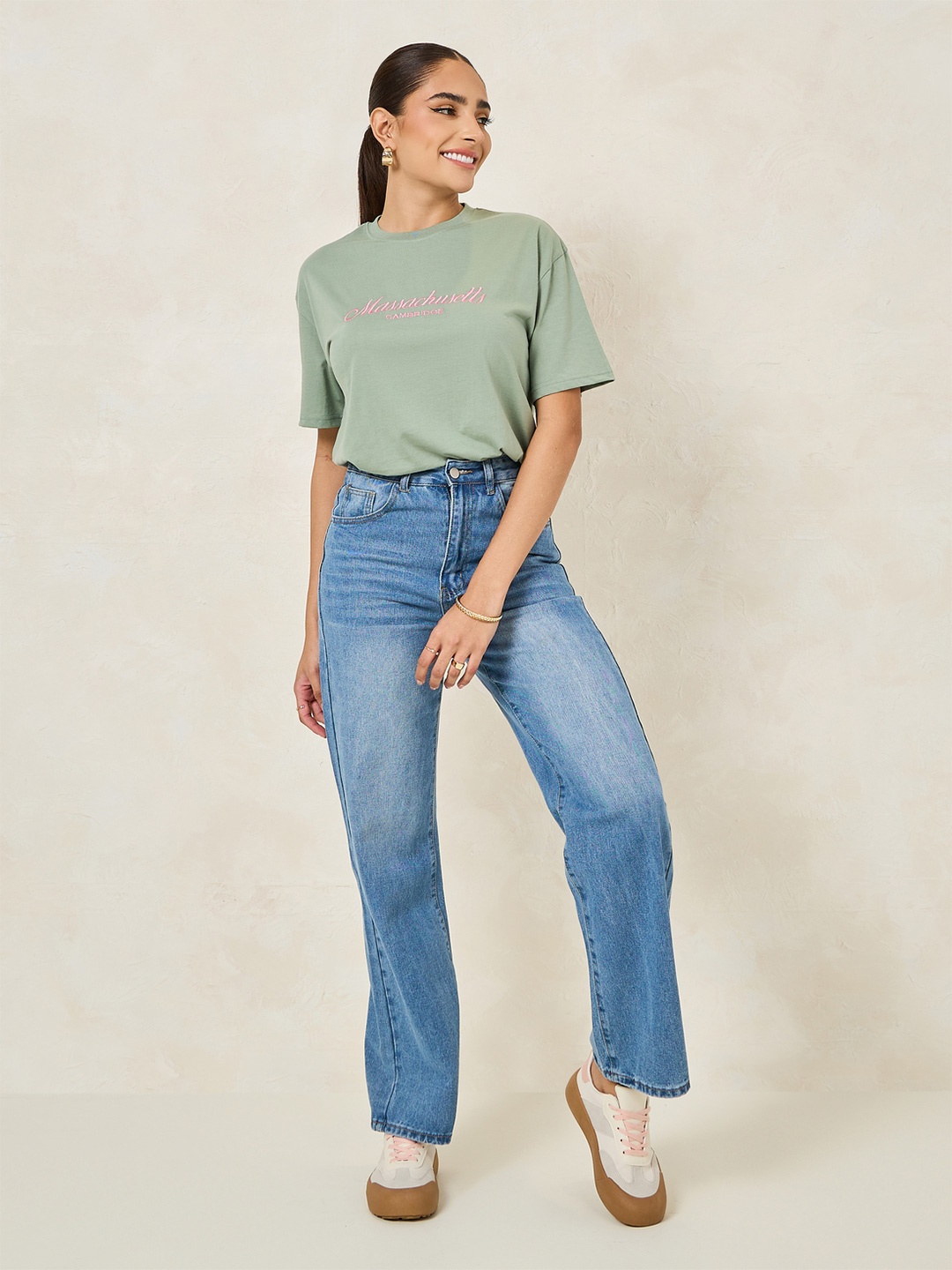 

Styli Women Massachusets Embroidered Slogan Oversized T-shirt, Green