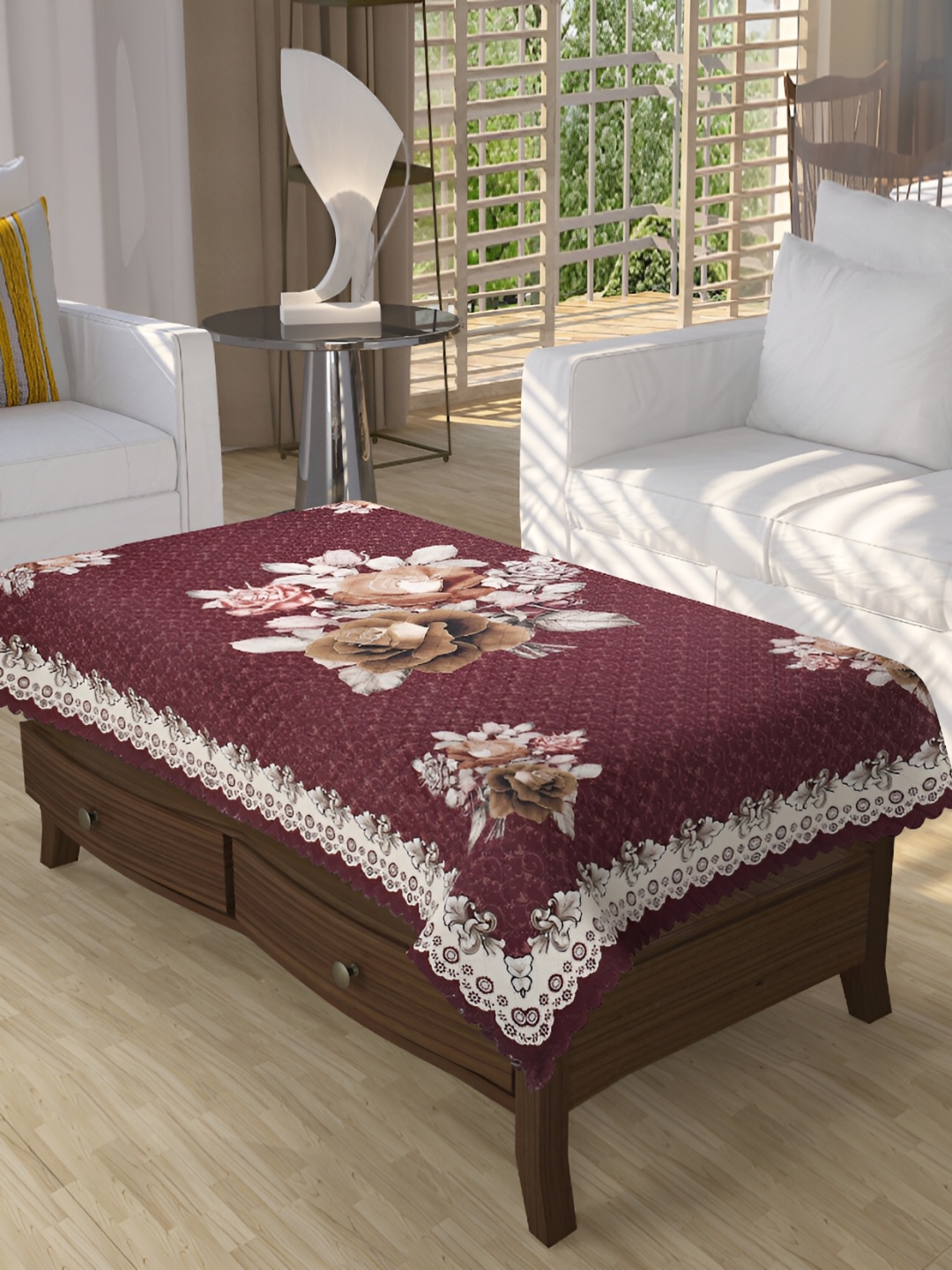 

BIGGER FISH Maroon Floral Printed Rectangle 4 Seater Centre Table Cover