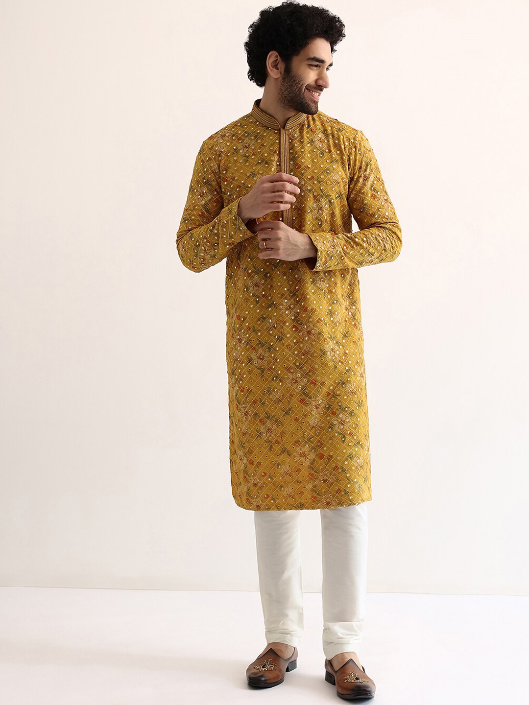 

KALKI Fashion Floral Printed Regular Mirror Work Kurta with Churidar, Yellow