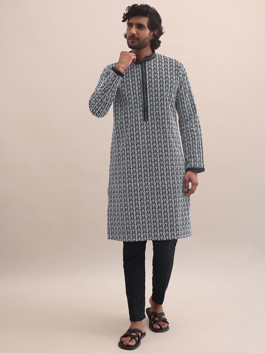 

KALKI Fashion Floral Embroidered Chikankari Straight Kurta With Pyjamas, Black