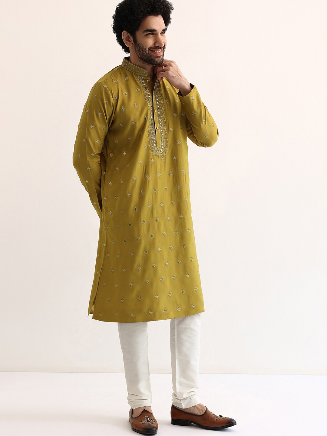 

KALKI Fashion Floral Embroidered Sequinned Straight Kurta With Churidar, Yellow