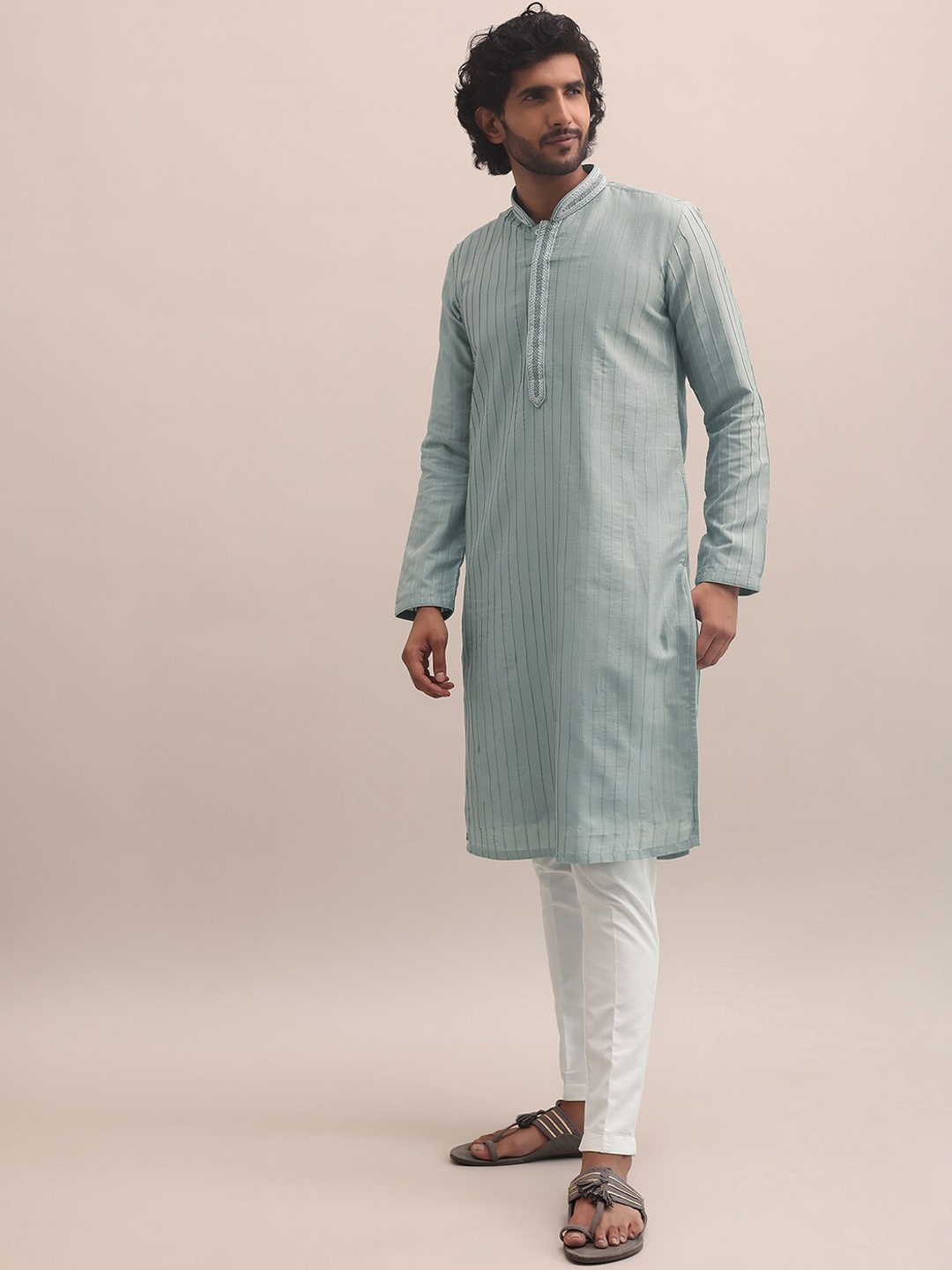 

KALKI Fashion Striped Regular Beads And Stones Straight Kurta With Trousers, Green