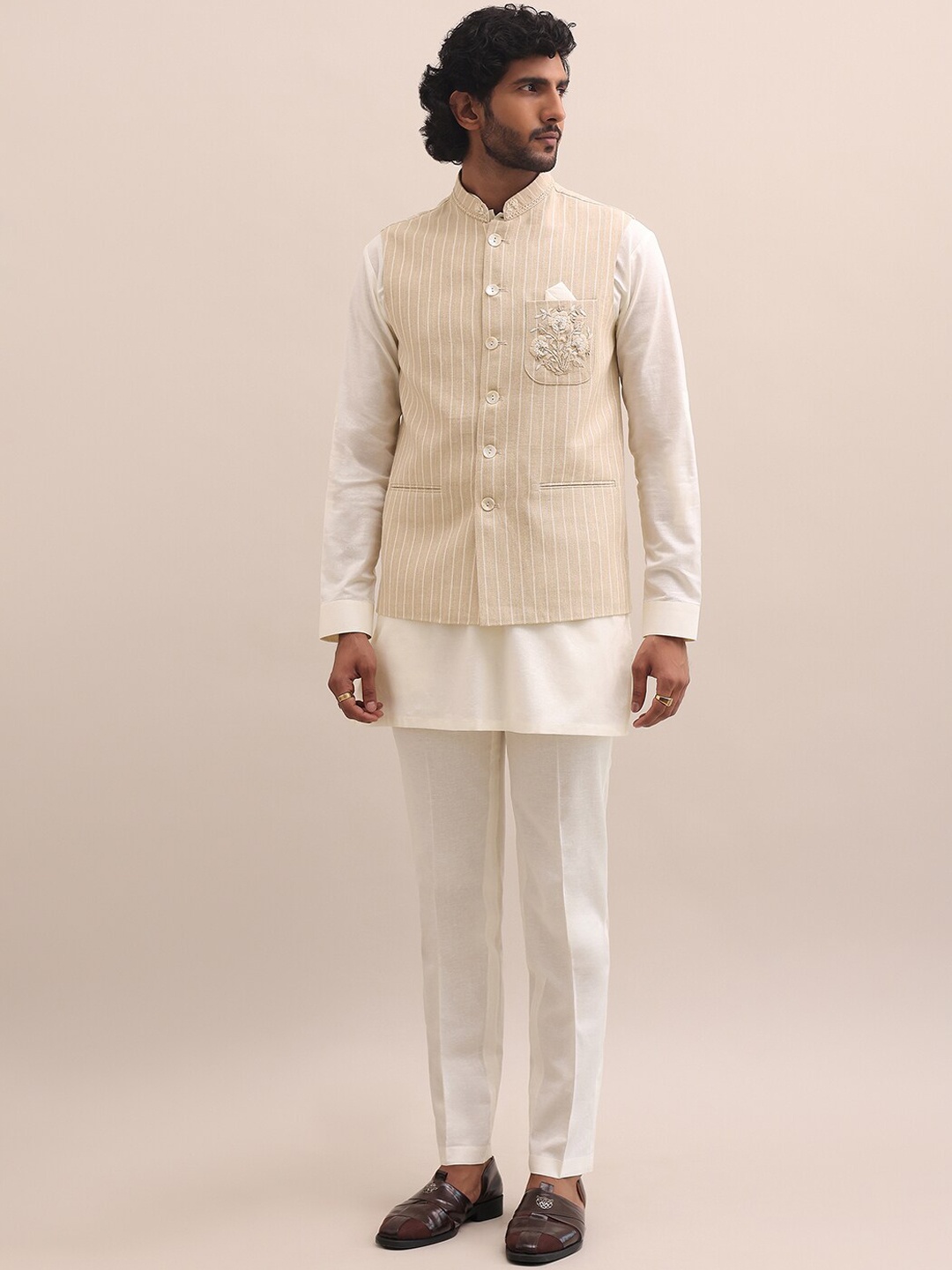 

KALKI Fashion Mandarin Collar Regular Kurta with Trousers, Beige