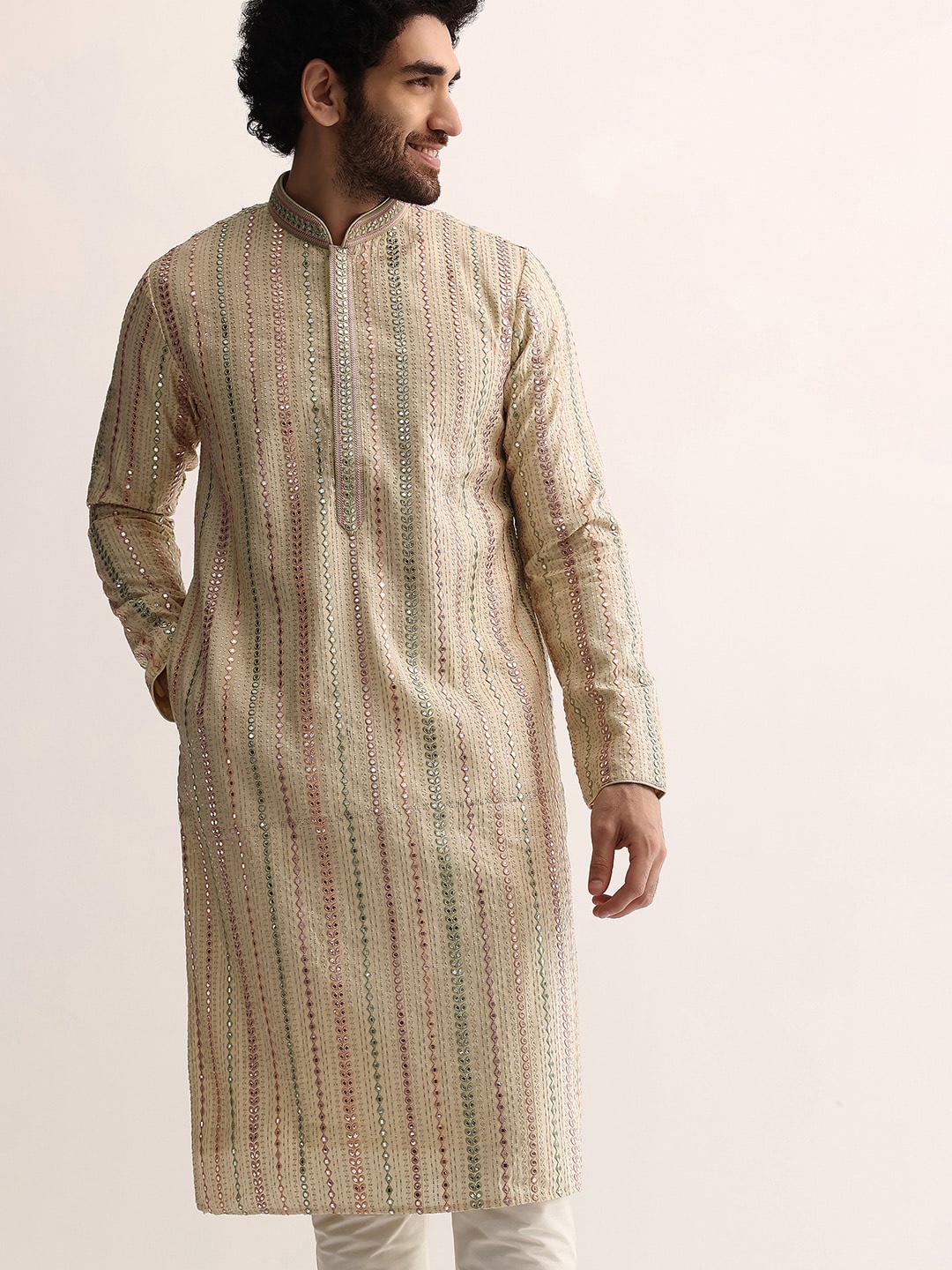 

KALKI Fashion Floral Embroidered Regular Mirror Work Kurta with Pyjamas, Beige