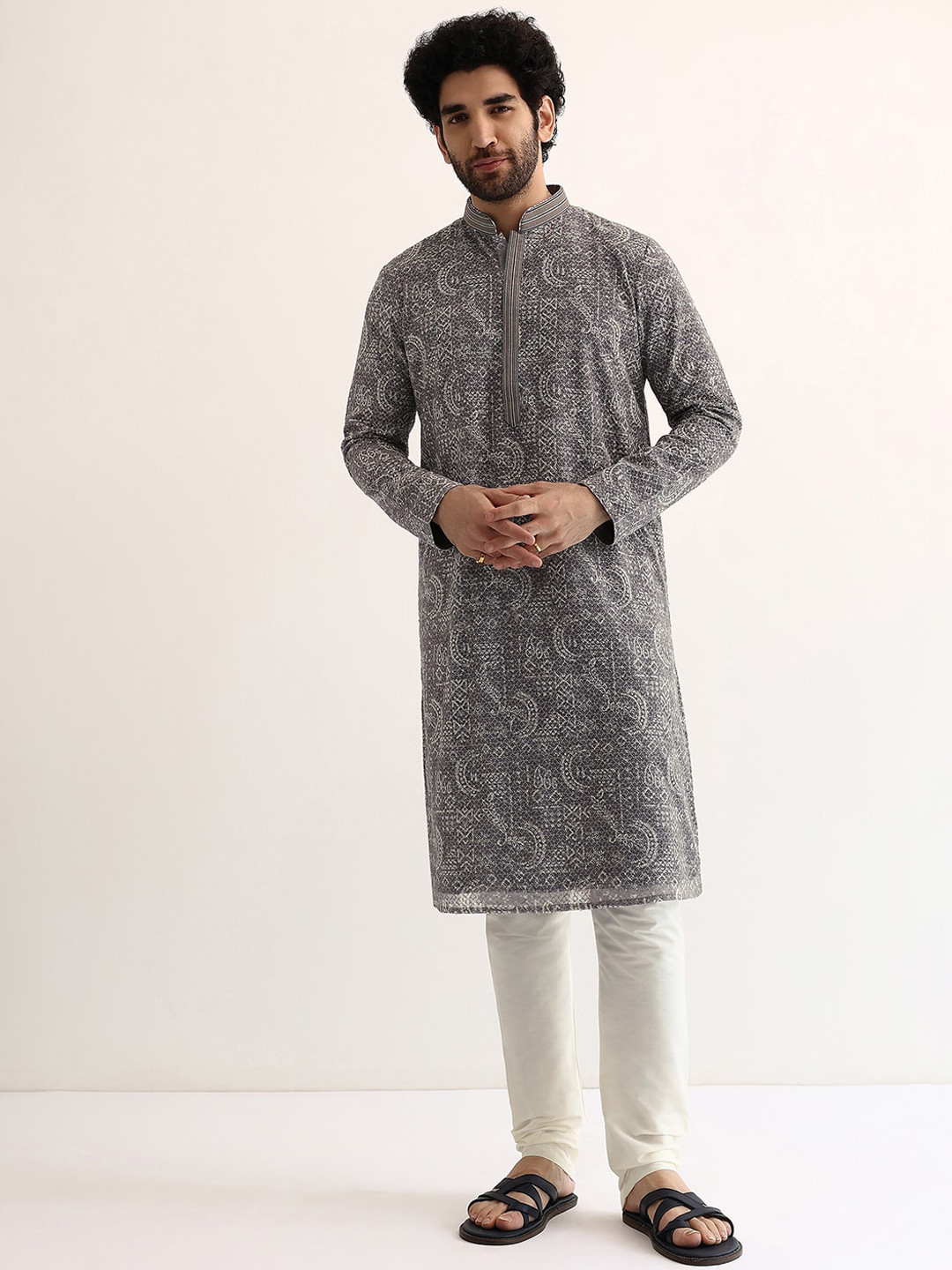 

KALKI Fashion Geometric Printed Embroidered Regular Sequinned Kurta with Pyjamas, Grey