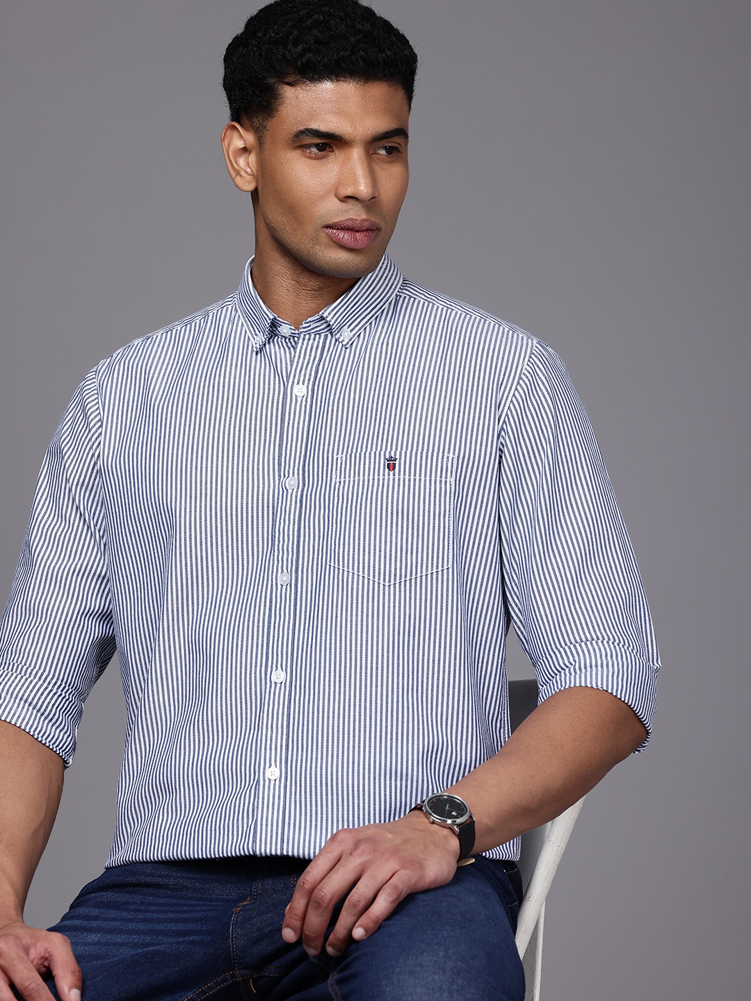 

Louis Philippe Jeans Pure Cotton Slim Fit Opaque Striped Casual Shirt, Navy blue