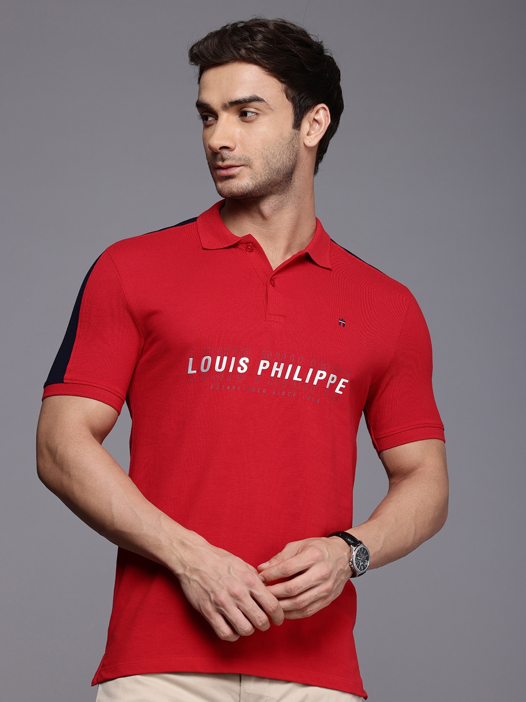 

Louis Philippe Sport Brand Logo Printed High IQ Polo Collar Pure Cotton Slim Fit T-shirt, Red