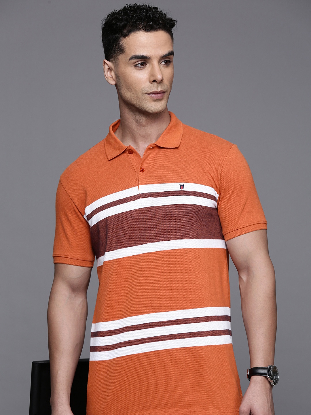 

Louis Philippe Sport Striped Polo Collar Slim Fit T-shirt, Rust