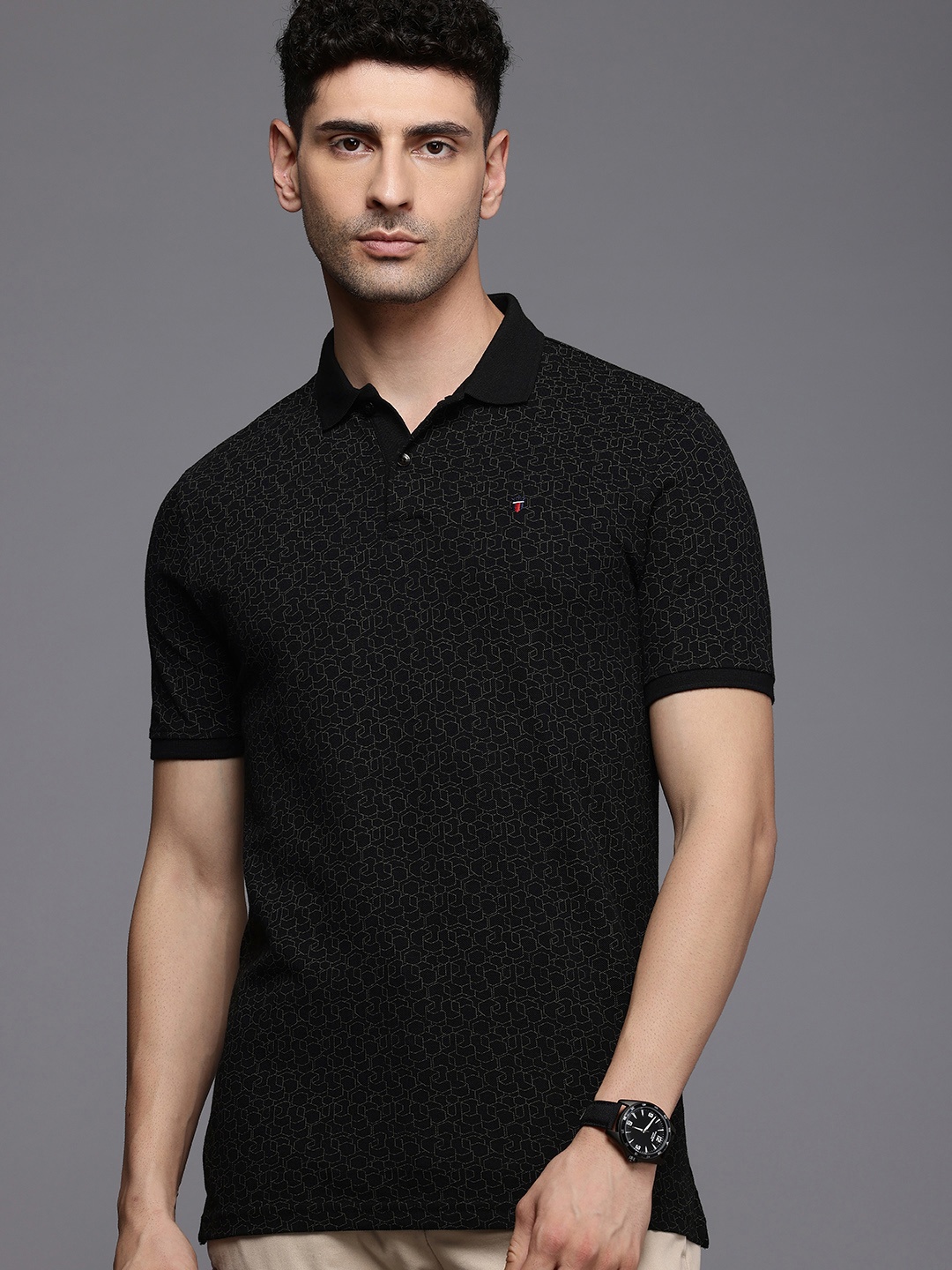 

Louis Philippe Sport Geometric Printed Polo Collar Pure Cotton Slim Fit T-shirt, Black