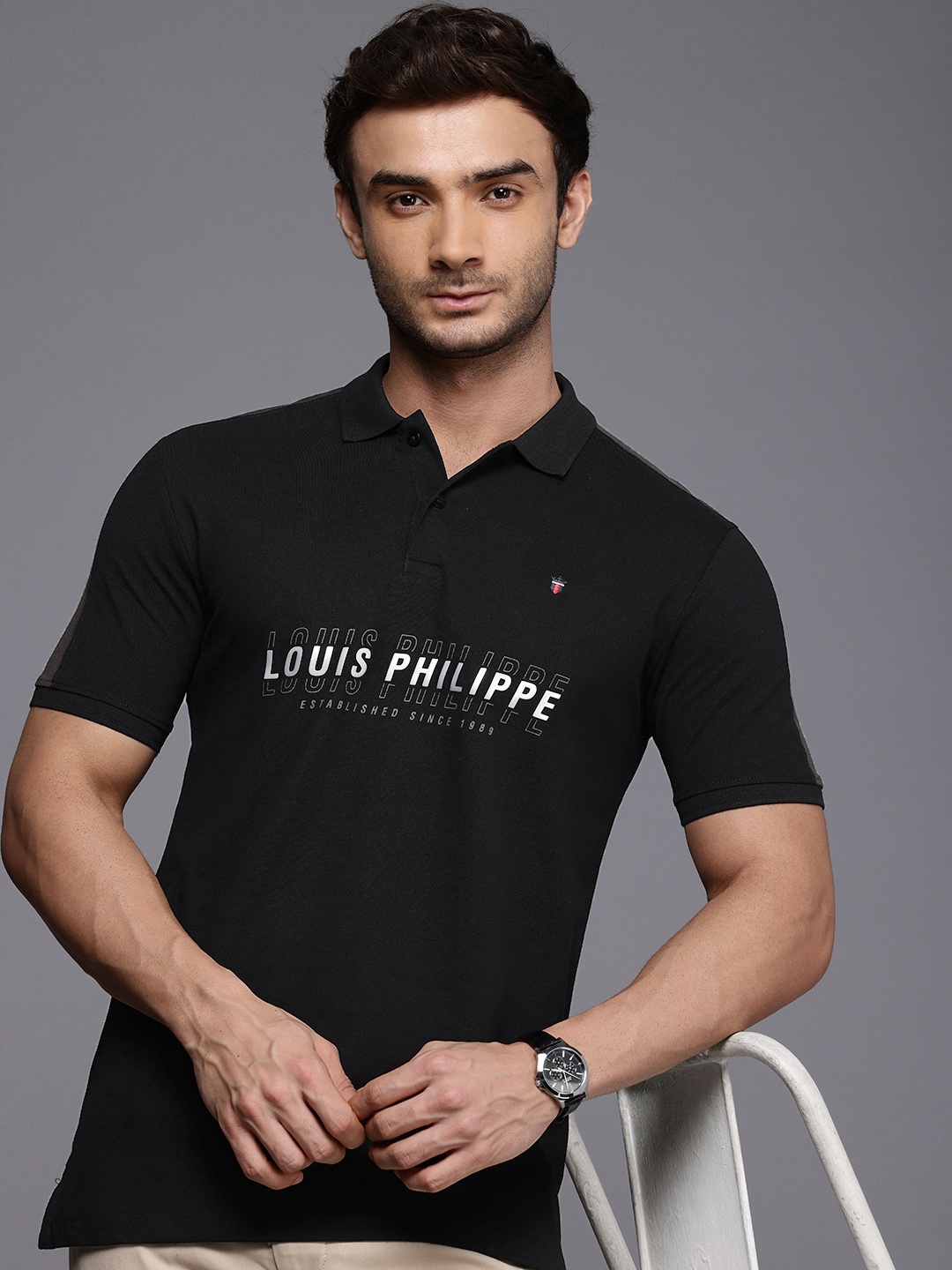 

Louis Philippe Sport Brand Logo Printed High IQ Polo Collar Pure Cotton Slim Fit T-shirt, Black