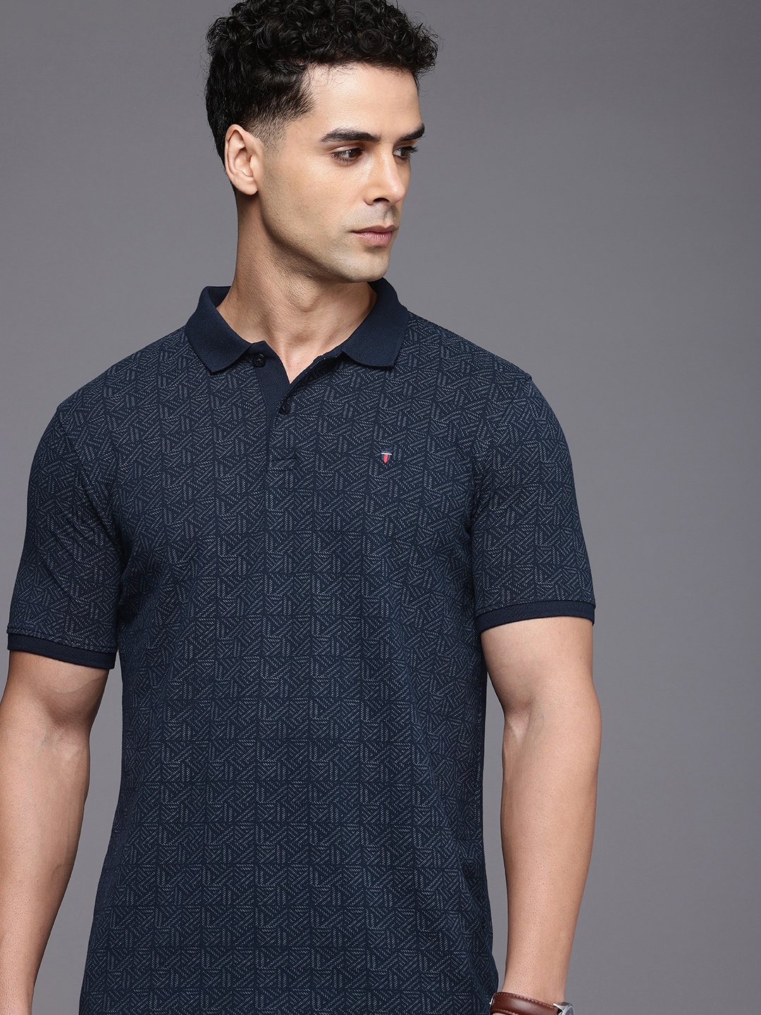 

Louis Philippe Sport Printed Polo Collar Pure Cotton Slim Fit T-shirt, Navy blue