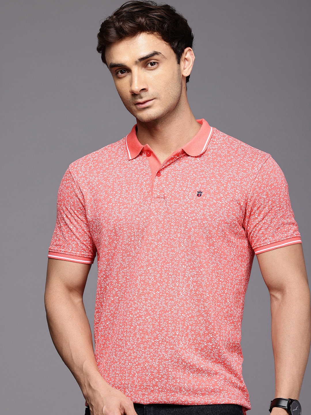 

Louis Philippe Sport Tropical Printed Polo Collar Pure Cotton Slim Fit T-shirt, Coral