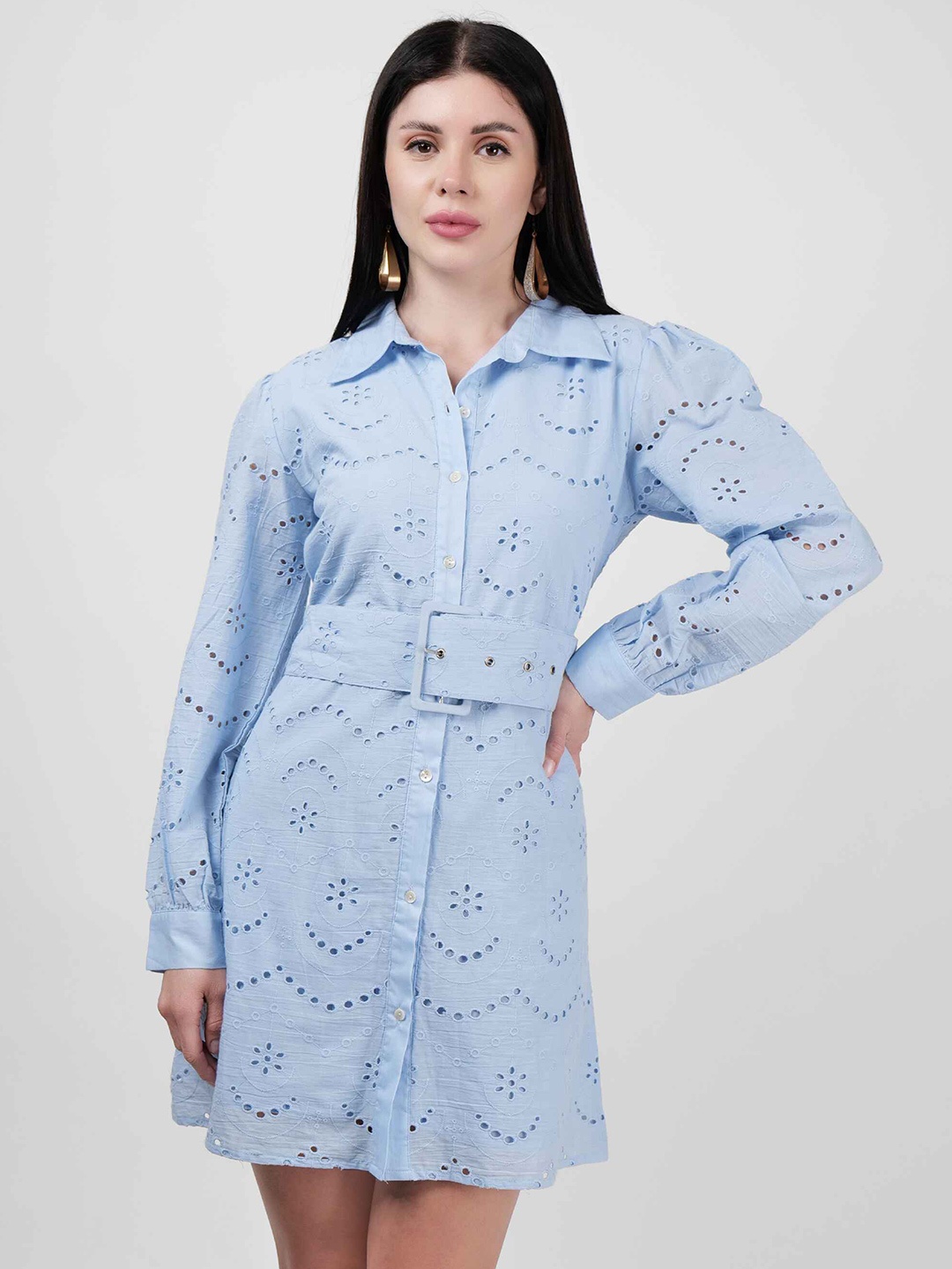 

DRIRO Self Design Cotton Shirt Dress, Navy blue