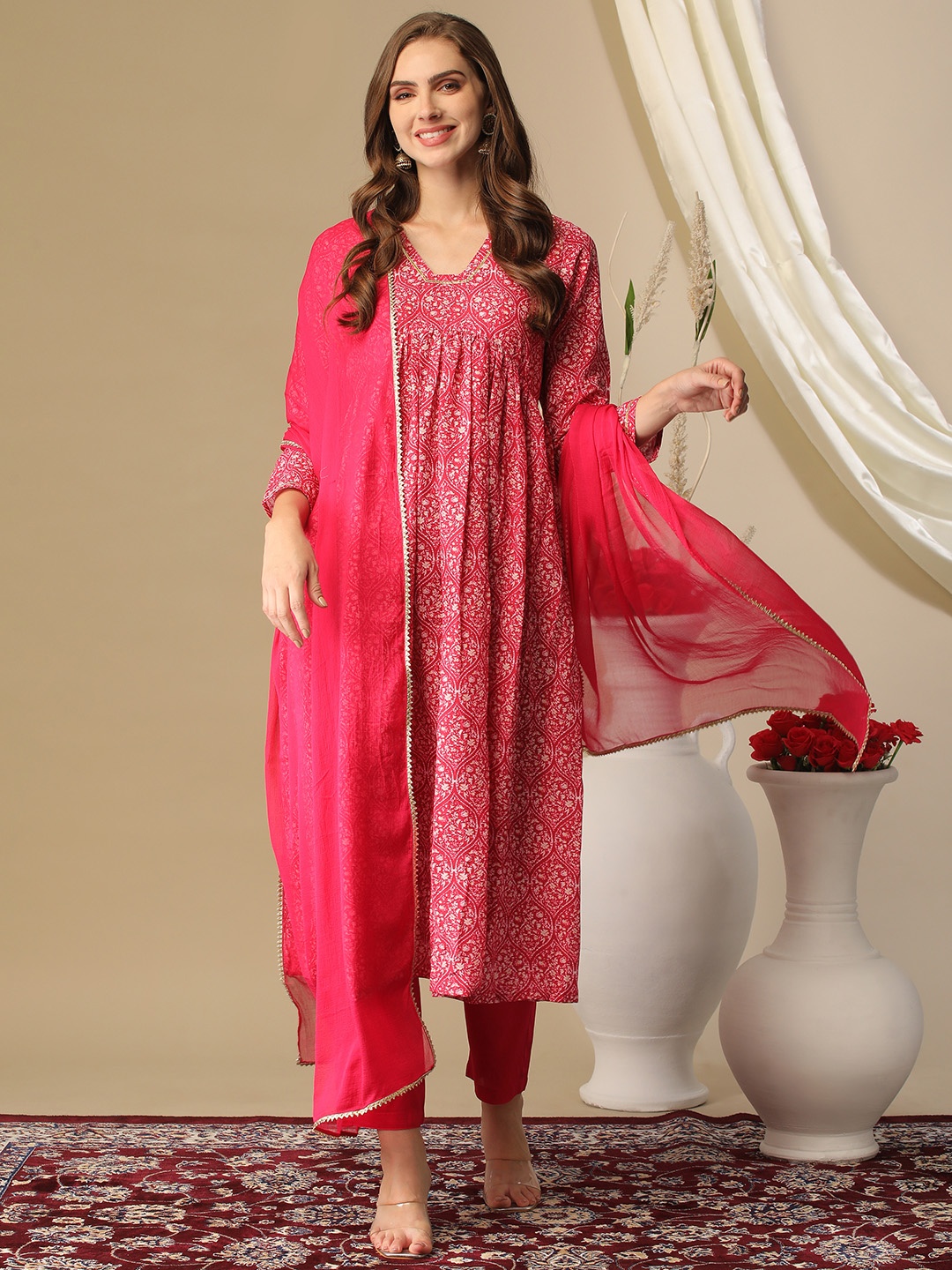 

GoSriKi Floral Printed Empire Anarkali Kurta With Trousers & Dupatta, Pink